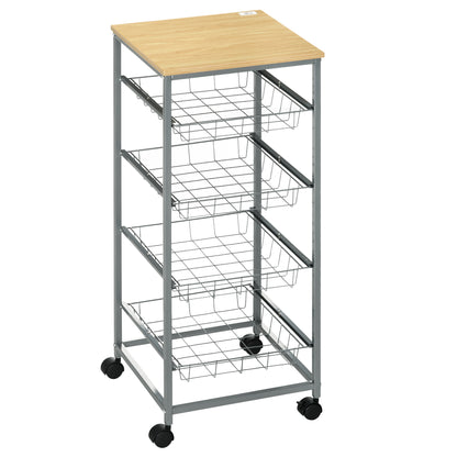 Kitchen Cart Rolling Cart with 4 Levels Kitchen Shelf with Metal Baskets, All-Purpose Cart on Wheels, Storage Cart for Kitchen Bathroom Office Living Room Silver