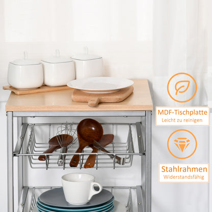 Kitchen Cart Rolling Cart with 4 Levels Kitchen Shelf with Metal Baskets, All-Purpose Cart on Wheels, Storage Cart for Kitchen Bathroom Office Living Room Silver