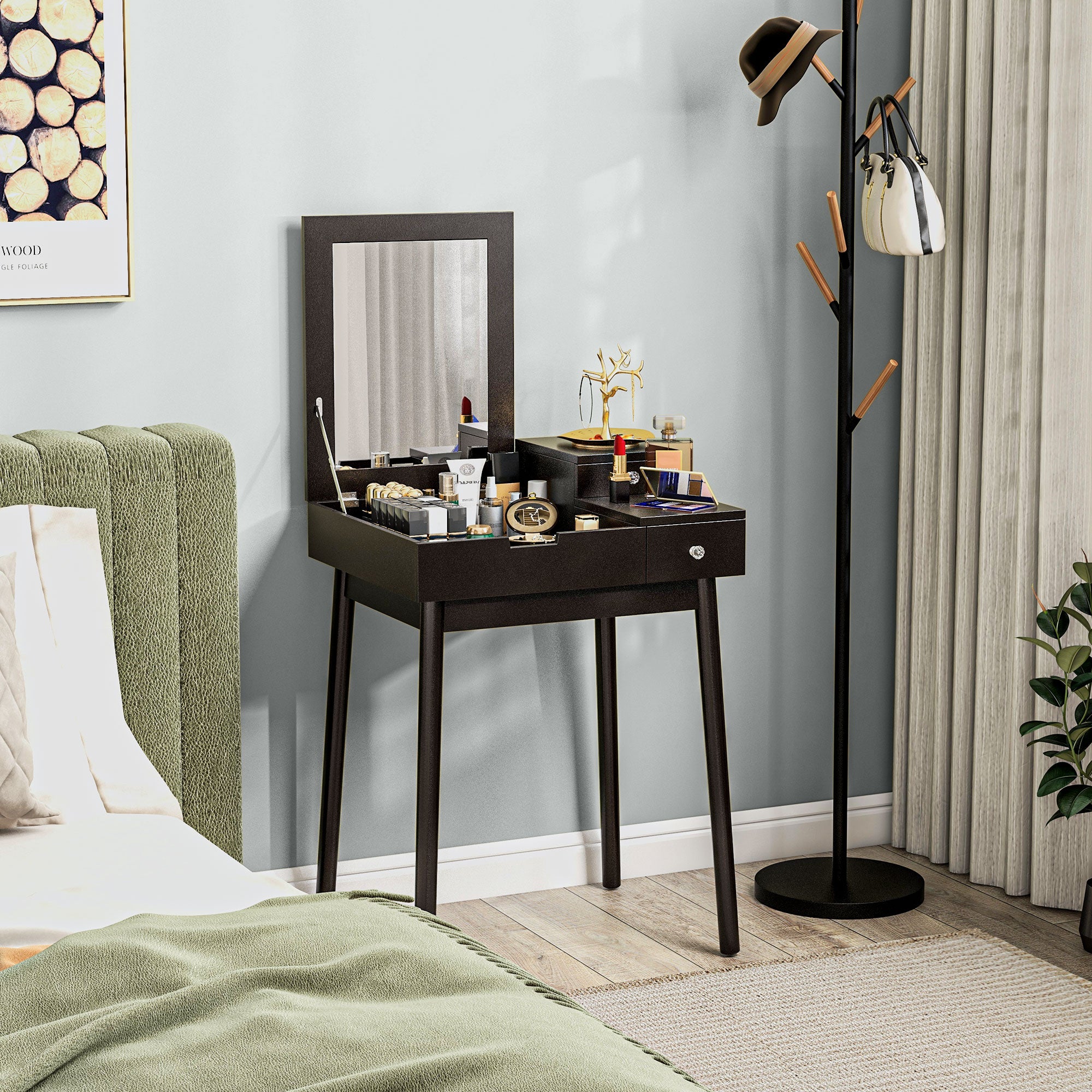 Dressing Table with Mirror Modern Style Makeup Table - 2 Drawers, Folding Mirror for Bedroom, Living Room, 60 x 50 x 85.5 cm Black