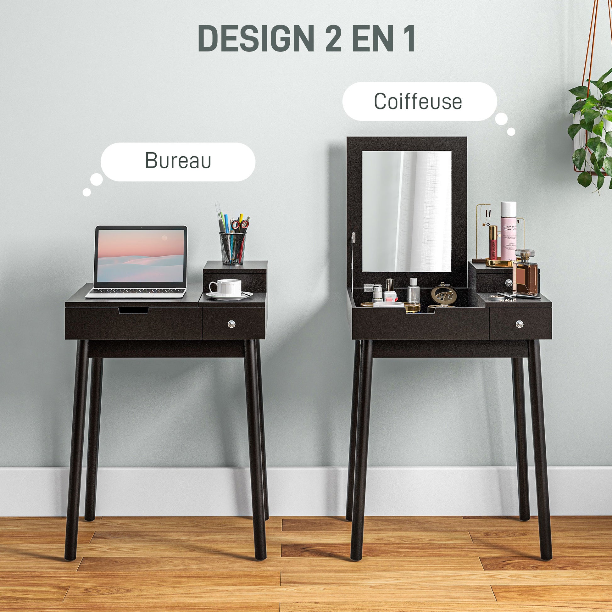 Dressing Table with Mirror Modern Style Makeup Table - 2 Drawers, Folding Mirror for Bedroom, Living Room, 60 x 50 x 85.5 cm Black