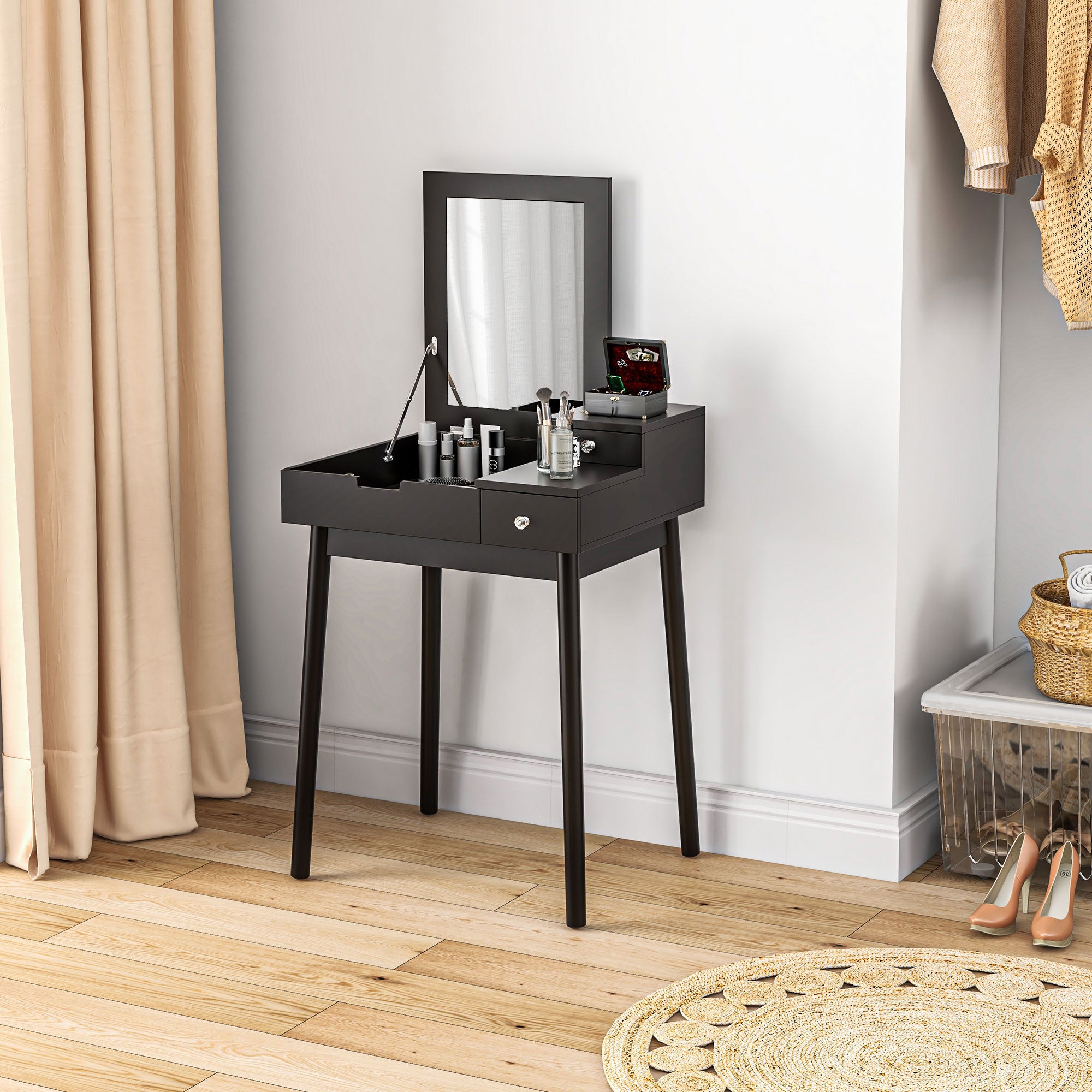 Dressing Table with Mirror Modern Style Makeup Table - 2 Drawers, Folding Mirror for Bedroom, Living Room, 60 x 50 x 85.5 cm Black