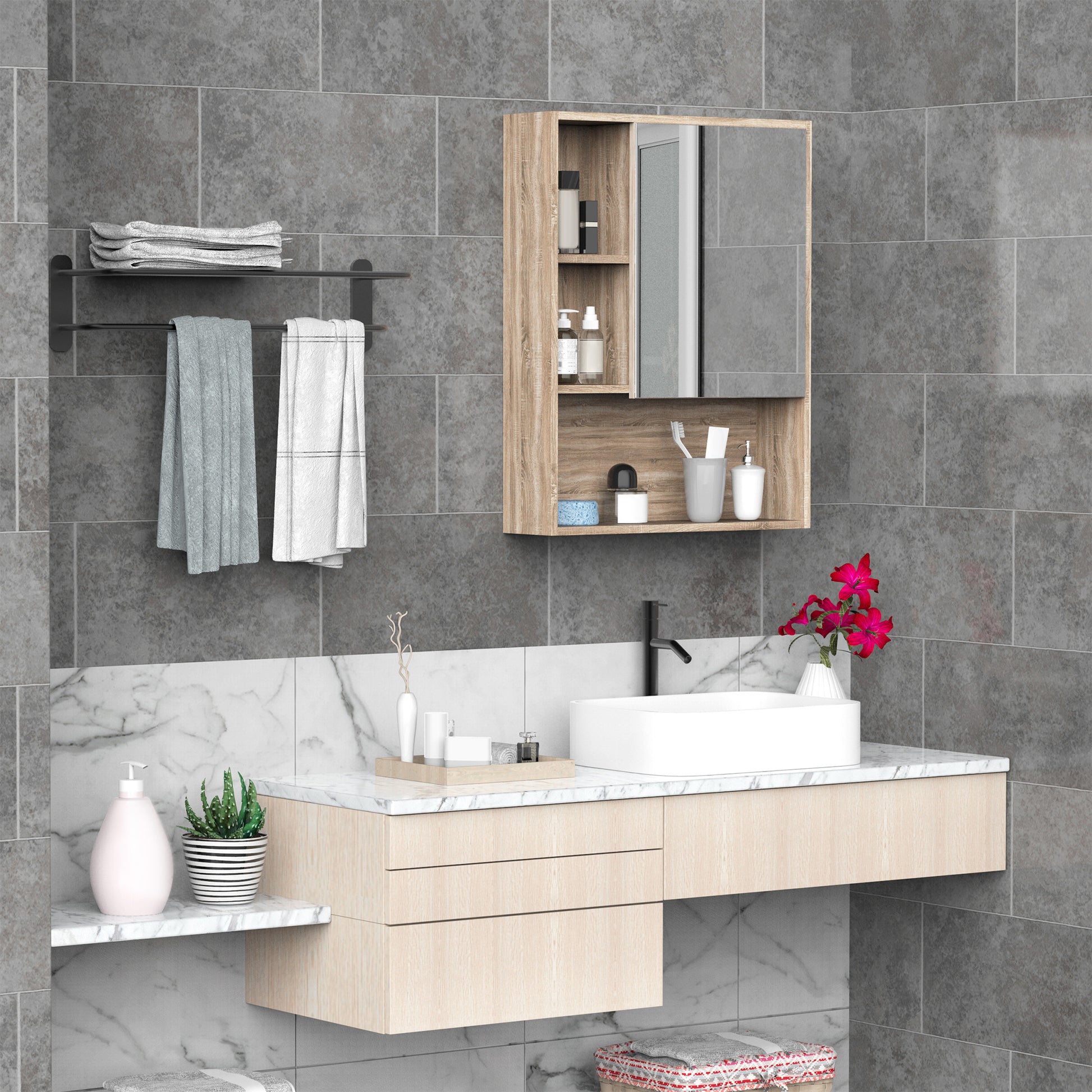 Mirror Cabinet Bathroom Wall Mounted Cabinet with Adjustable Height Shelf Internal Space Open Shelves 60x15x76 cm Oak Grain