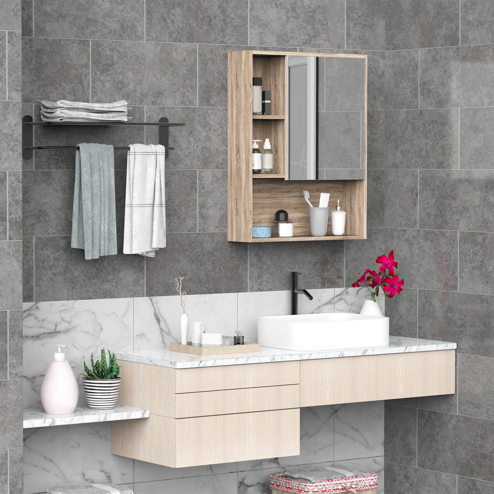 Mirror Cabinet Bathroom Wall Mounted Cabinet with Adjustable Height Shelf Internal Space Open Shelves 60x15x76 cm Oak Grain