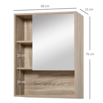 Mirror Cabinet Bathroom Wall Mounted Cabinet with Adjustable Height Shelf Internal Space Open Shelves 60x15x76 cm Oak Grain