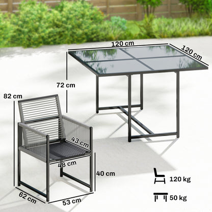 5-Piece Outdoor Dining Set - Square Tempered Glass Table with 4 Breathable Folding Rope Chairs, Space-Saving, Light Gray