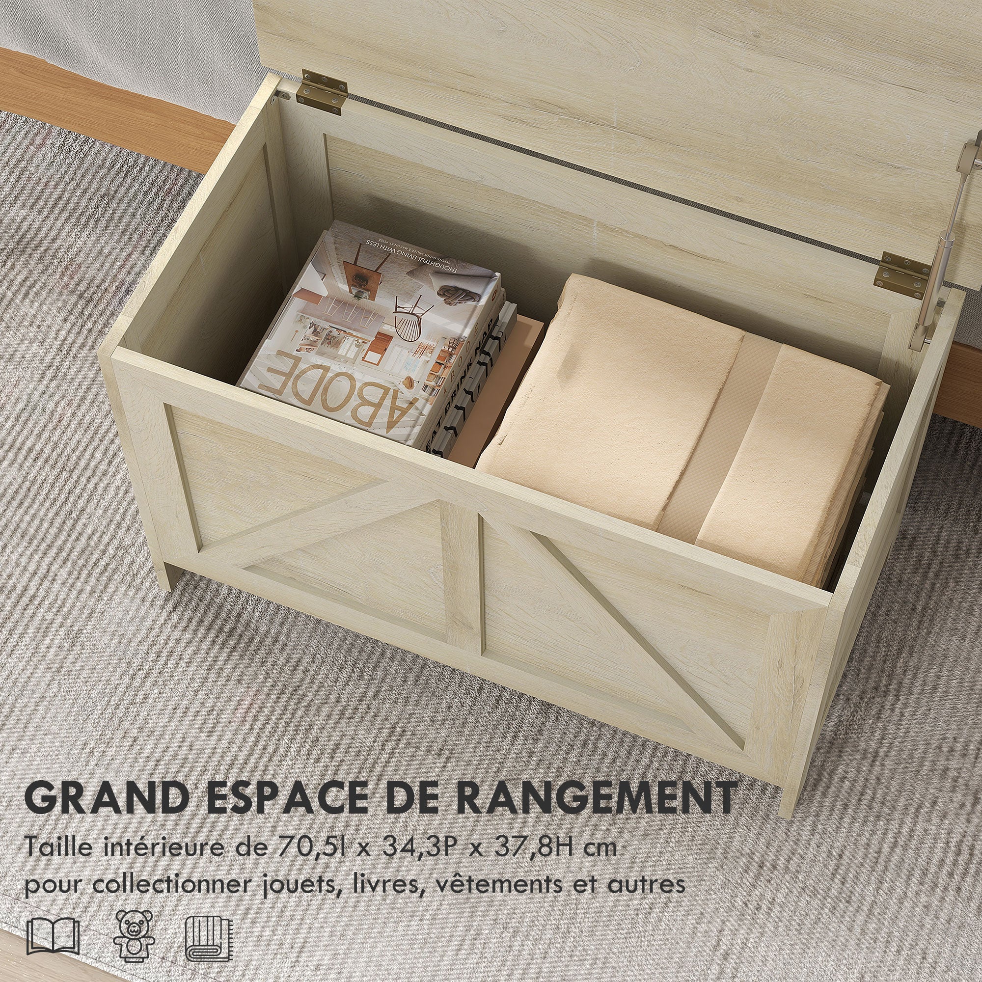 Storage Chest - lift-up lid with 100° safety hinge, wooden toy box for hallway, bedroom, living room - 76L x 39W x 48H cm natural wood