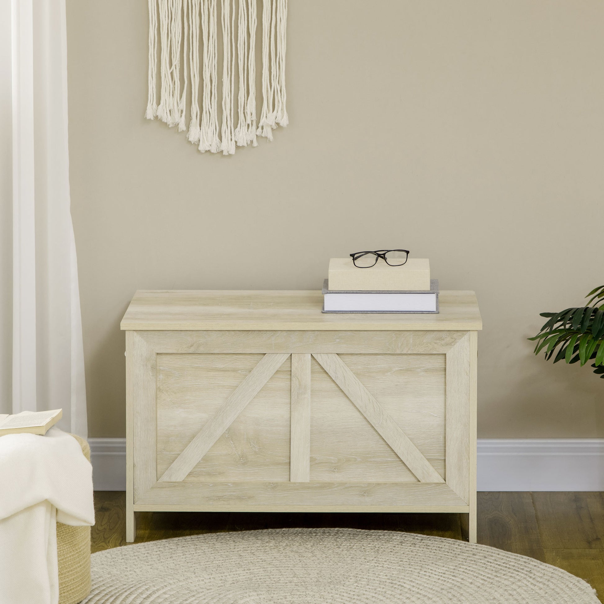 Storage Chest - lift-up lid with 100° safety hinge, wooden toy box for hallway, bedroom, living room - 76L x 39W x 48H cm natural wood