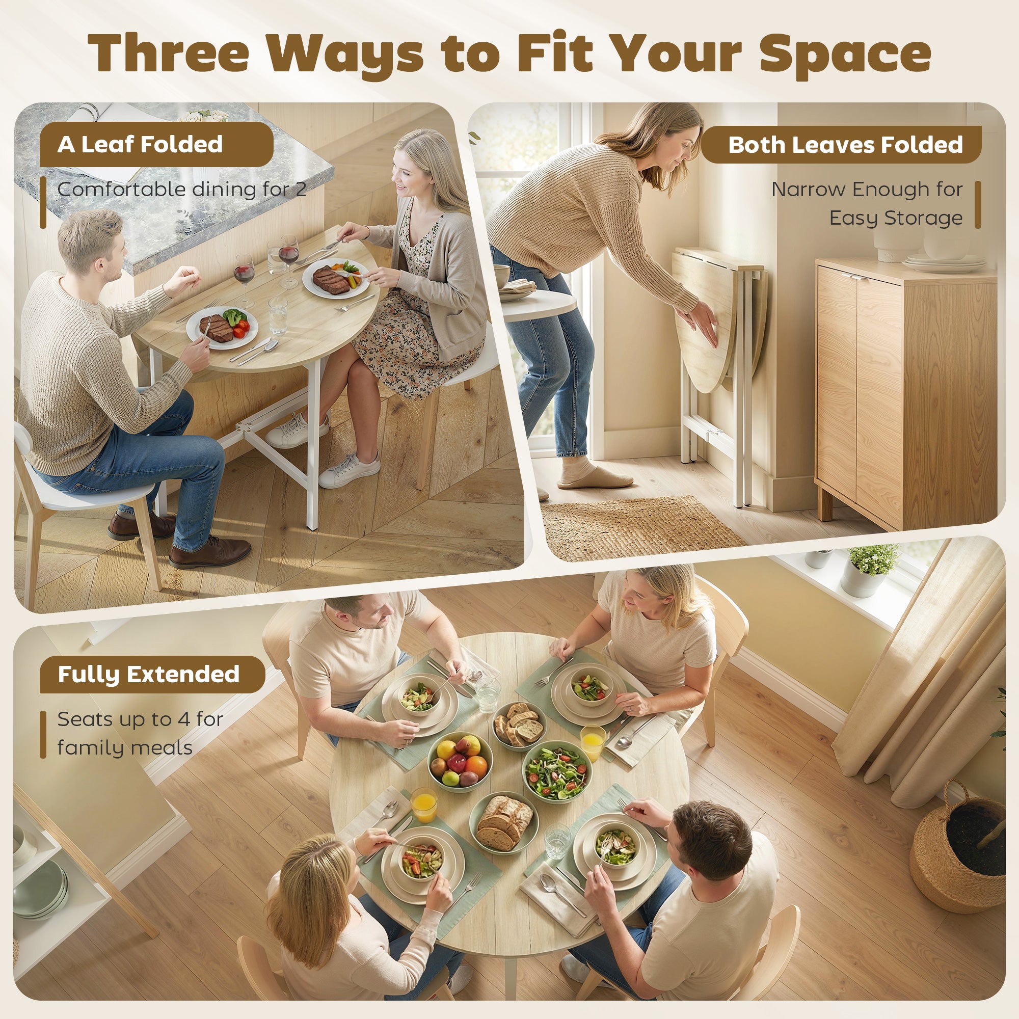 Round Folding Dining Table for 2–4, Space-Saving Drop-Leaf Table with Steel Frame, Natural Wood/White, 31.5" x 31.5" x 29.9"