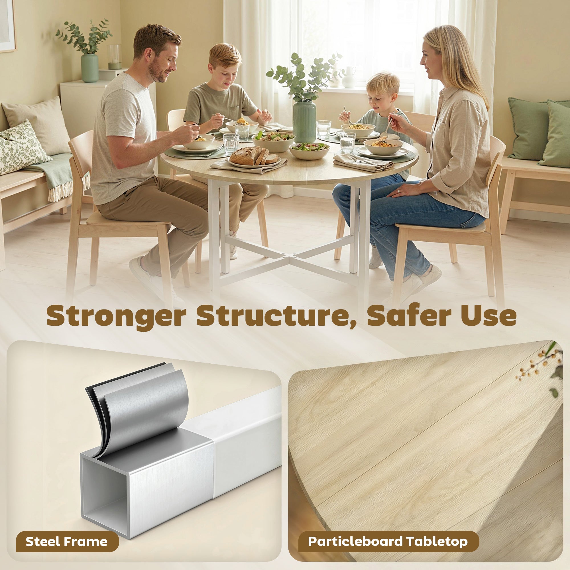 Round Folding Dining Table for 2–4, Space-Saving Drop-Leaf Table with Steel Frame, Natural Wood/White, 31.5" x 31.5" x 29.9"
