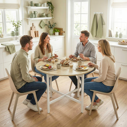 Round Folding Dining Table for 2–4, Space-Saving Drop-Leaf Table with Steel Frame, Natural Wood/White, 31.5" x 31.5" x 29.9"