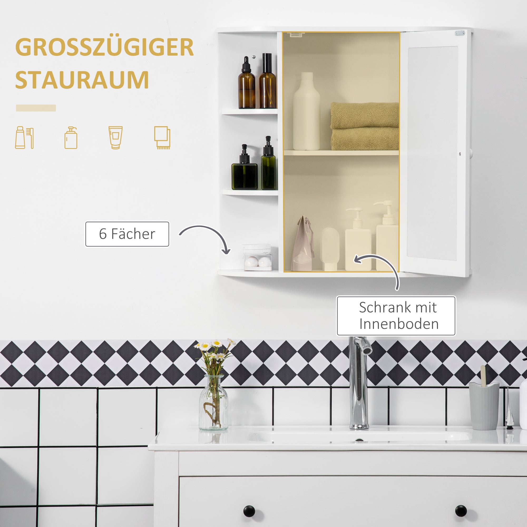 Bathroom Mirror Cabinet, Bathroom Cabinet with Mirror Door, Wall Cabinet with Open Shelves, White, 66 x 17 x 63 cm