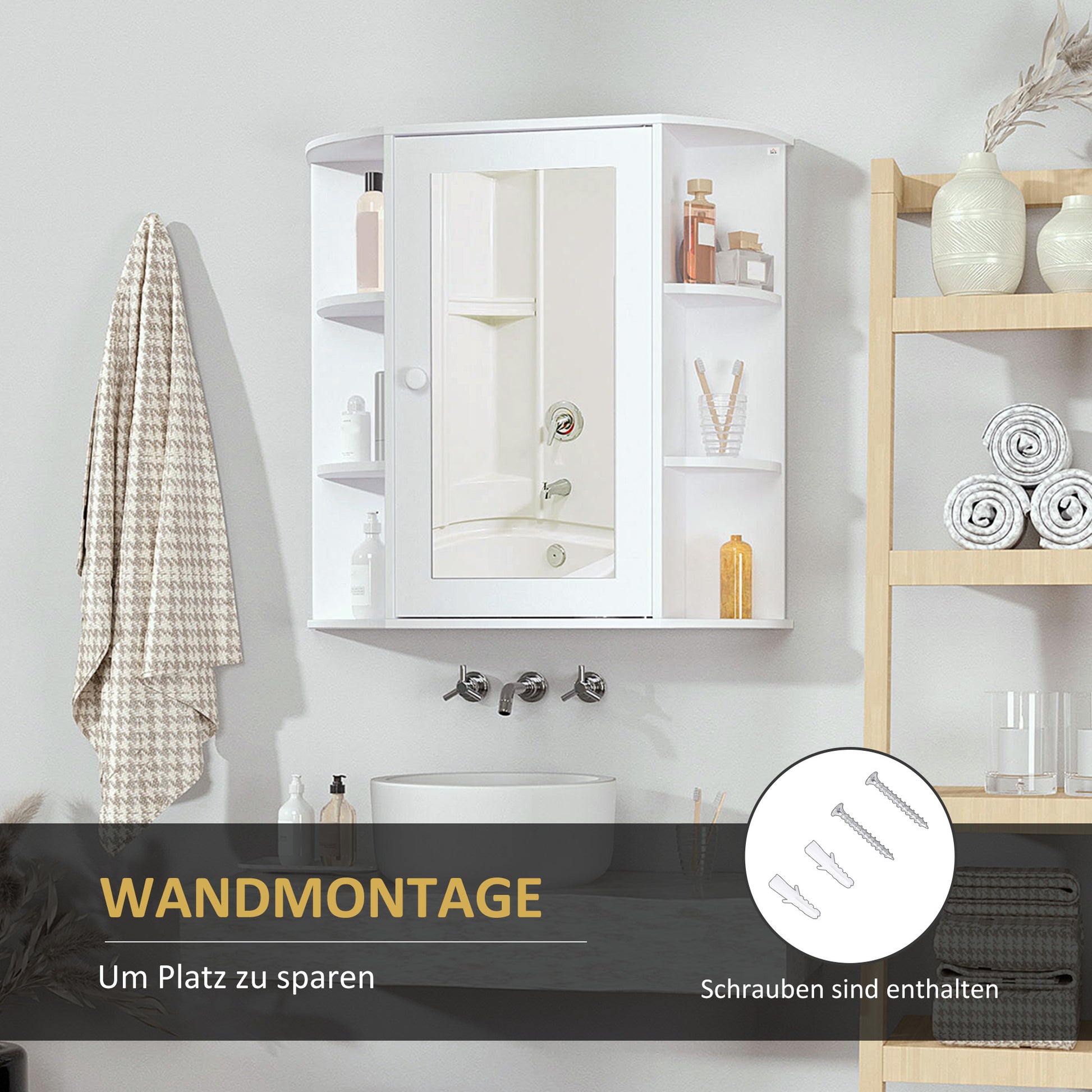 Bathroom Mirror Cabinet, Bathroom Cabinet with Mirror Door, Wall Cabinet with Open Shelves, White, 66 x 17 x 63 cm