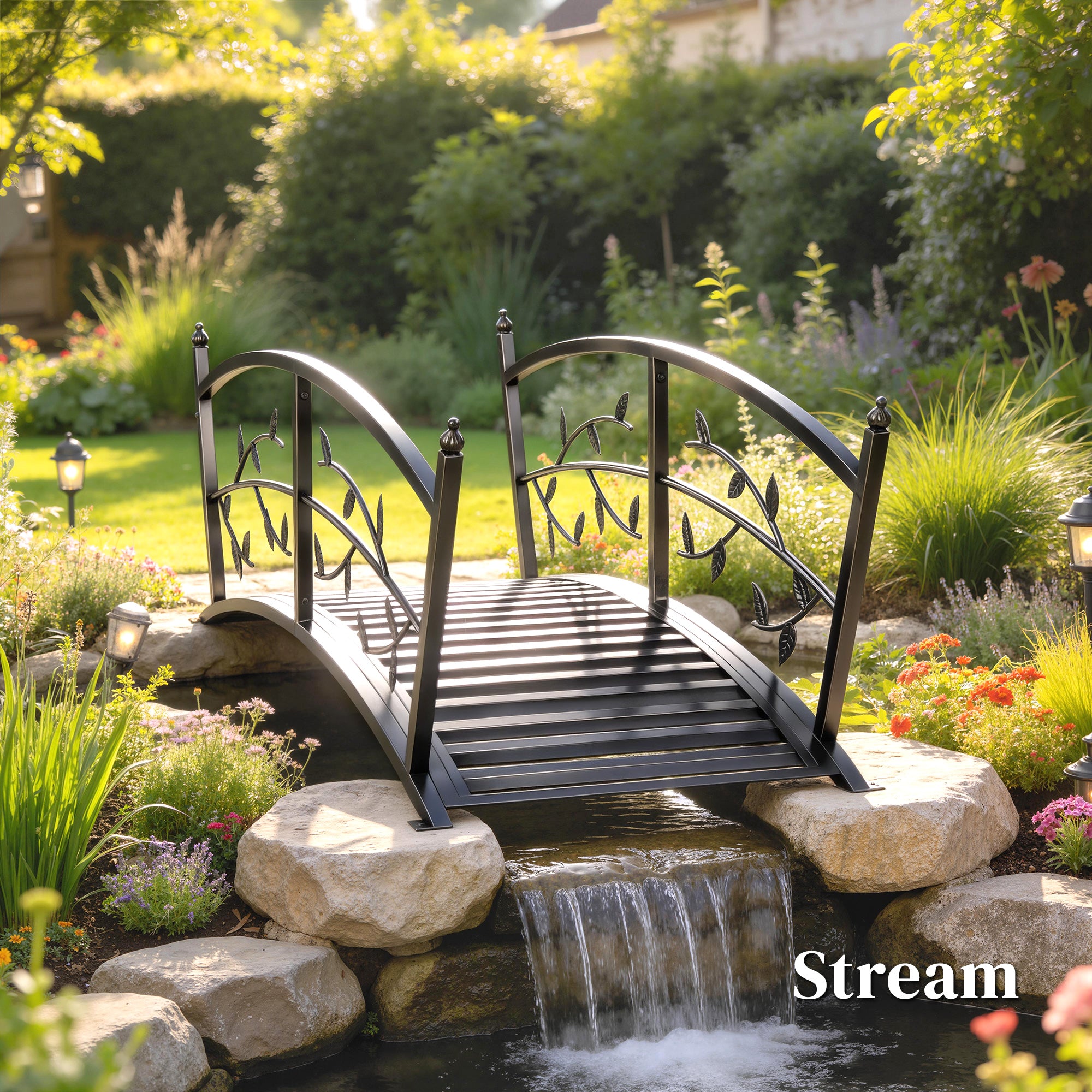 Metal Garden Bridge, 47 in (120 cm) Decorative Pond Bridge with Safety Handrails, Vine & Leaf Design, 220 lb Capacity, Powder-Coated Black — Easy Assembly