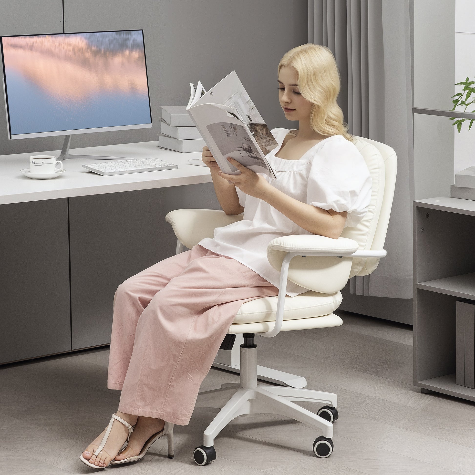 Office Chair with Tilt Function, Padded Desk Chair, Height Adjustable Swivel Chair, Up to 120 kg Load Capacity, Faux Leather, for Office, Study Room, White