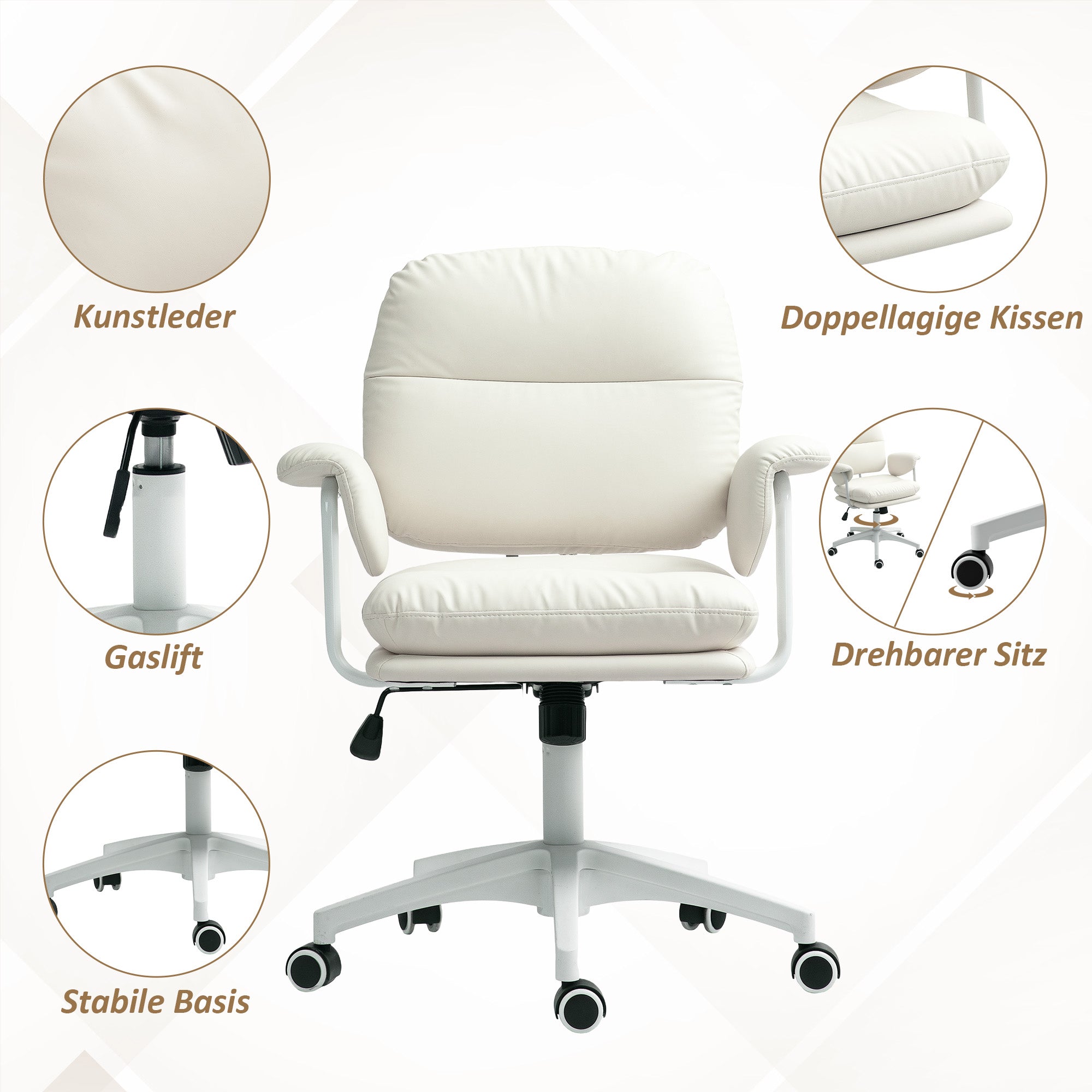 Office Chair with Tilt Function, Padded Desk Chair, Height Adjustable Swivel Chair, Up to 120 kg Load Capacity, Faux Leather, for Office, Study Room, White