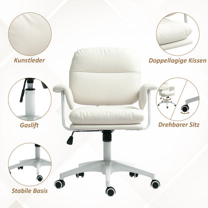 Office Chair with Tilt Function, Padded Desk Chair, Height Adjustable Swivel Chair, Up to 120 kg Load Capacity, Faux Leather, for Office, Study Room, White