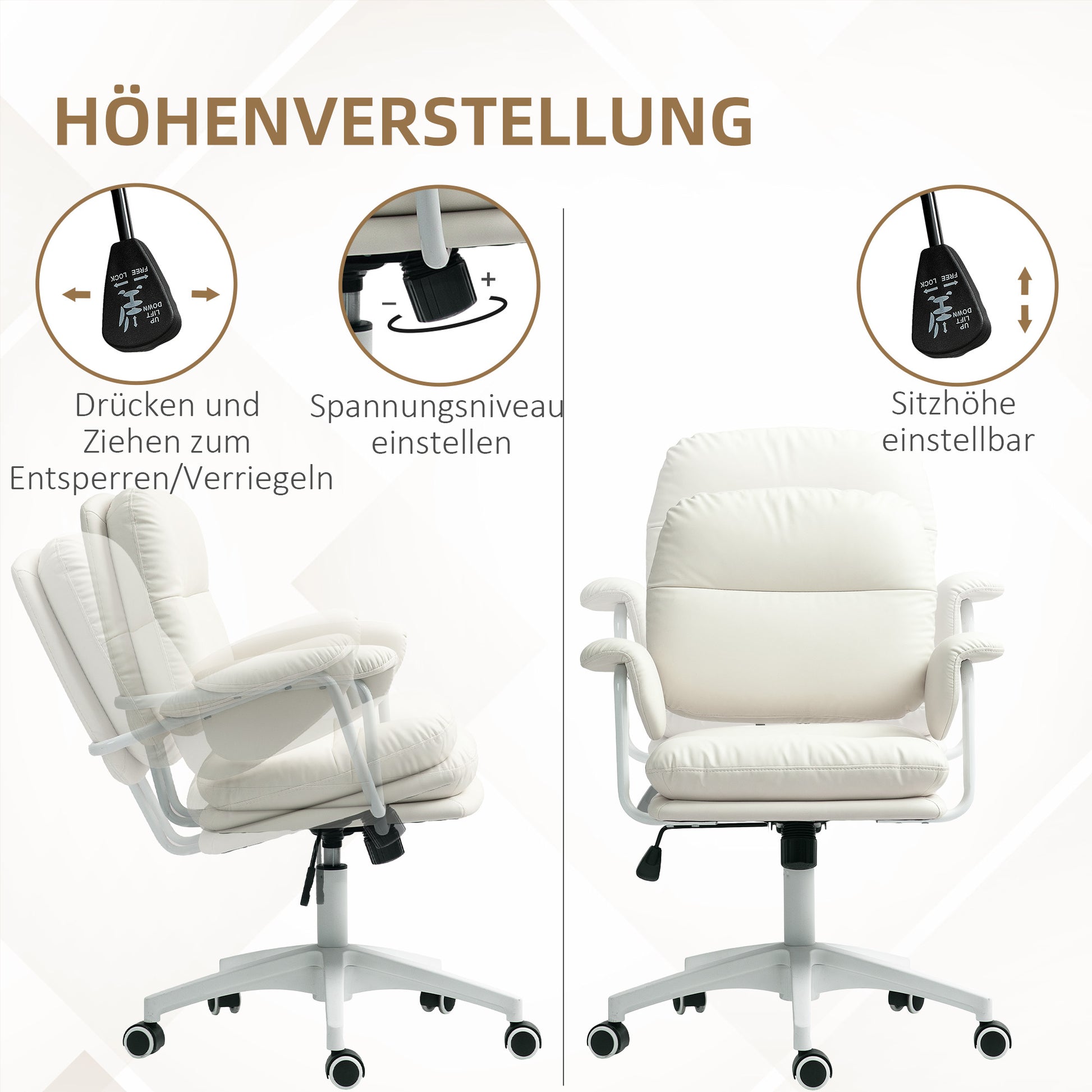 Office Chair with Tilt Function, Padded Desk Chair, Height Adjustable Swivel Chair, Up to 120 kg Load Capacity, Faux Leather, for Office, Study Room, White