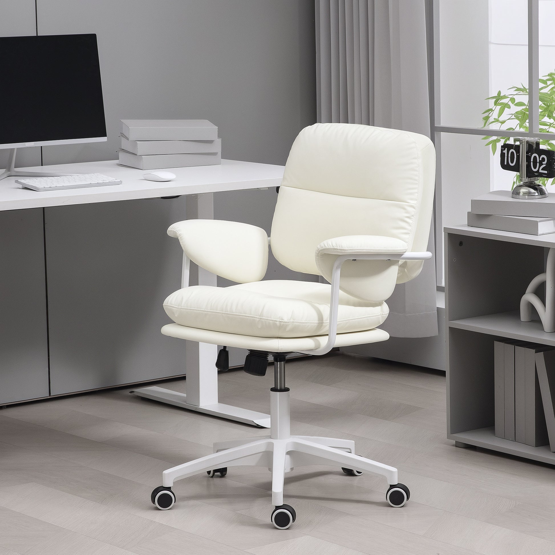 Office Chair with Tilt Function, Padded Desk Chair, Height Adjustable Swivel Chair, Up to 120 kg Load Capacity, Faux Leather, for Office, Study Room, White