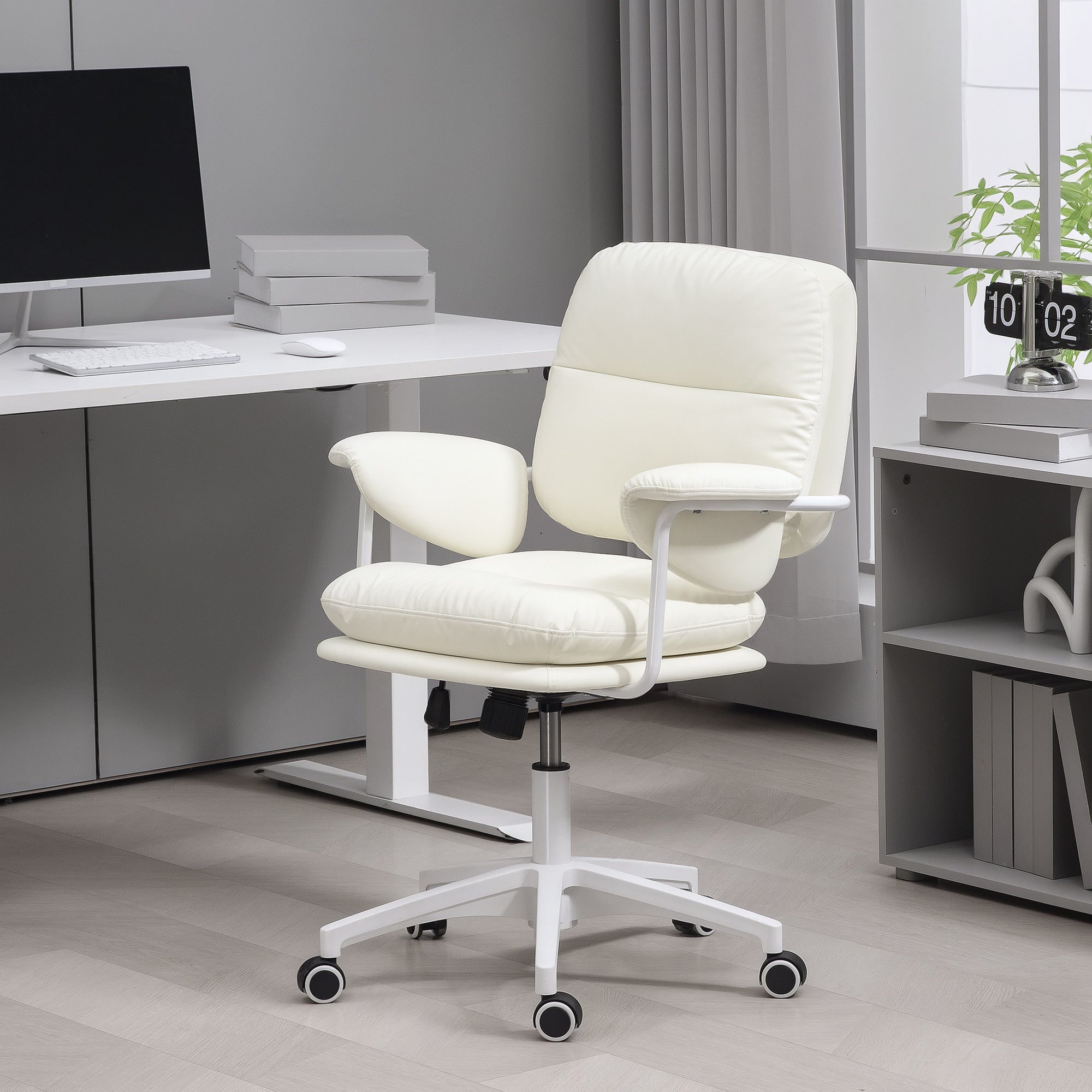 Office Chair with Tilt Function, Padded Desk Chair, Height Adjustable Swivel Chair, Up to 120 kg Load Capacity, Faux Leather, for Office, Study Room, White