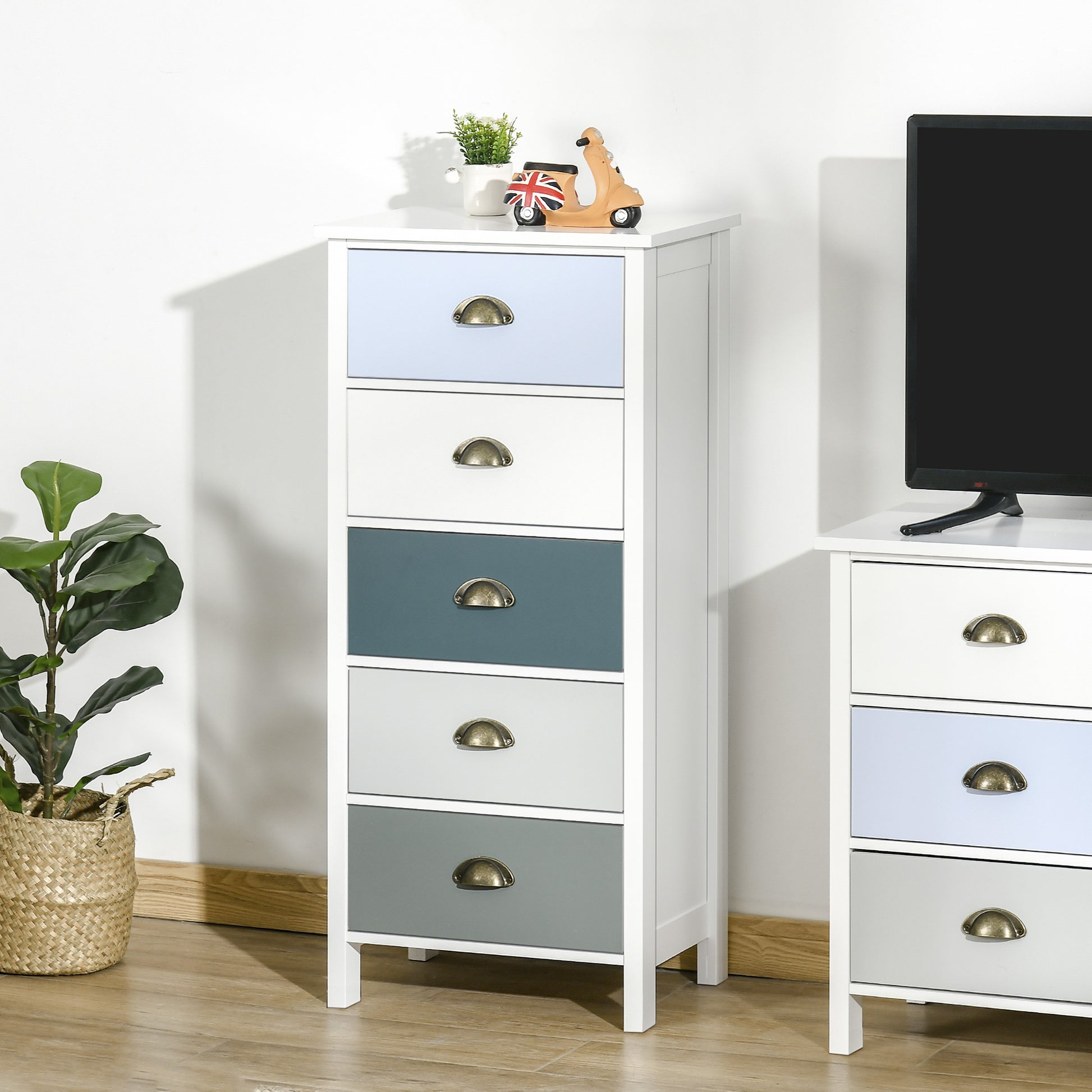 Multicolored 5-Drawer Chest of Drawers Storage Cabinet with Metal Shell Handle MDF - dim. 45L x 30W x 95.4H cm
