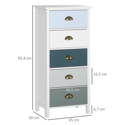 Multicolored 5-Drawer Chest of Drawers Storage Cabinet with Metal Shell Handle MDF - dim. 45L x 30W x 95.4H cm