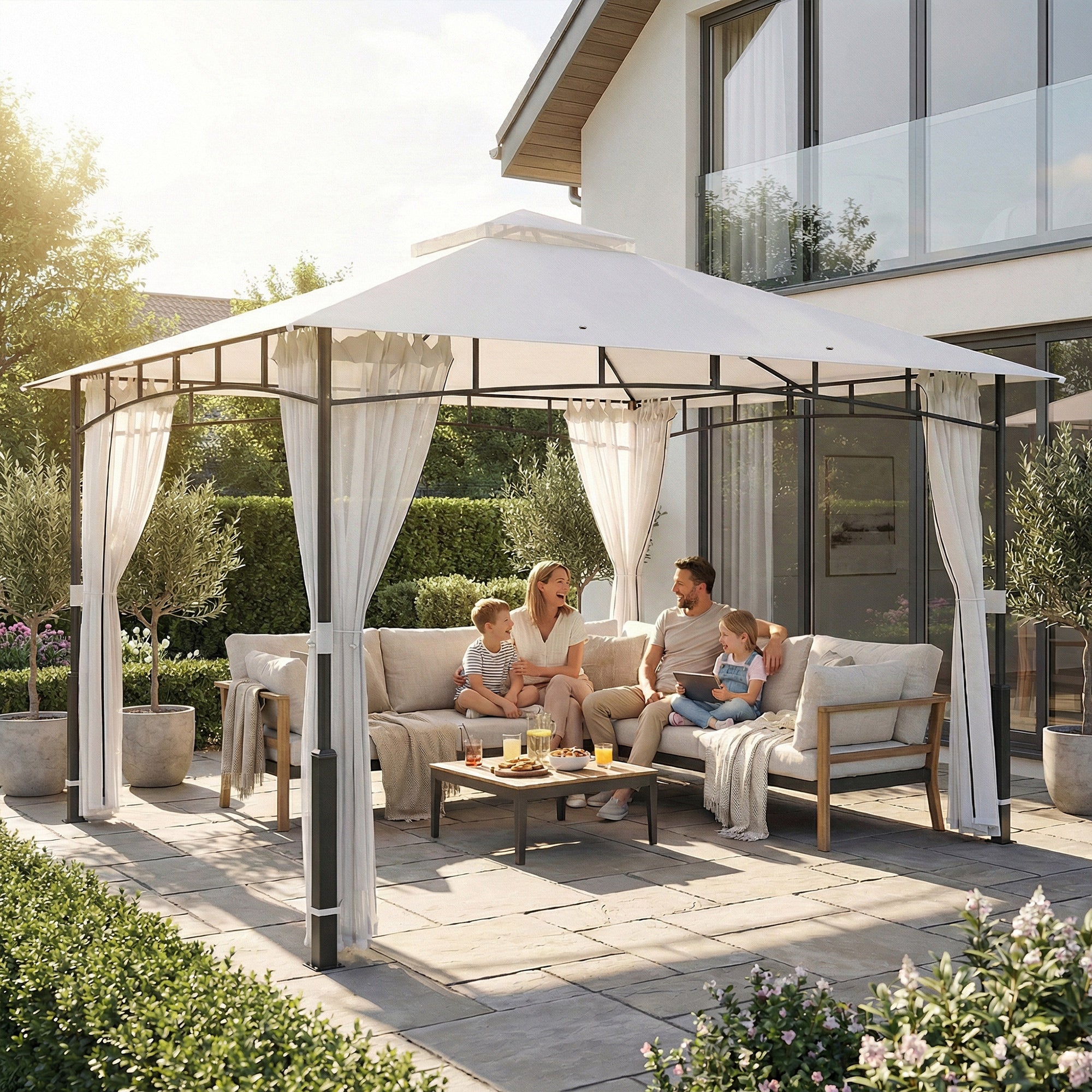 Gazebo 3.6 x 3.0 m (11 ft 9.7 in x 9 ft 10.1 in) — Water-Resistant Metal Garden Pavilion with Mosquito Net, Double Roof, Wood-Effect Posts, Black