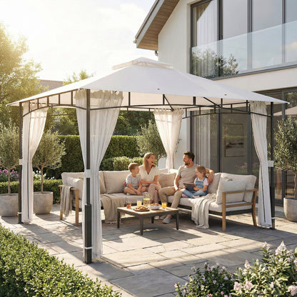 Gazebo 3.6 x 3.0 m (11 ft 9.7 in x 9 ft 10.1 in) — Water-Resistant Metal Garden Pavilion with Mosquito Net, Double Roof, Wood-Effect Posts, Black
