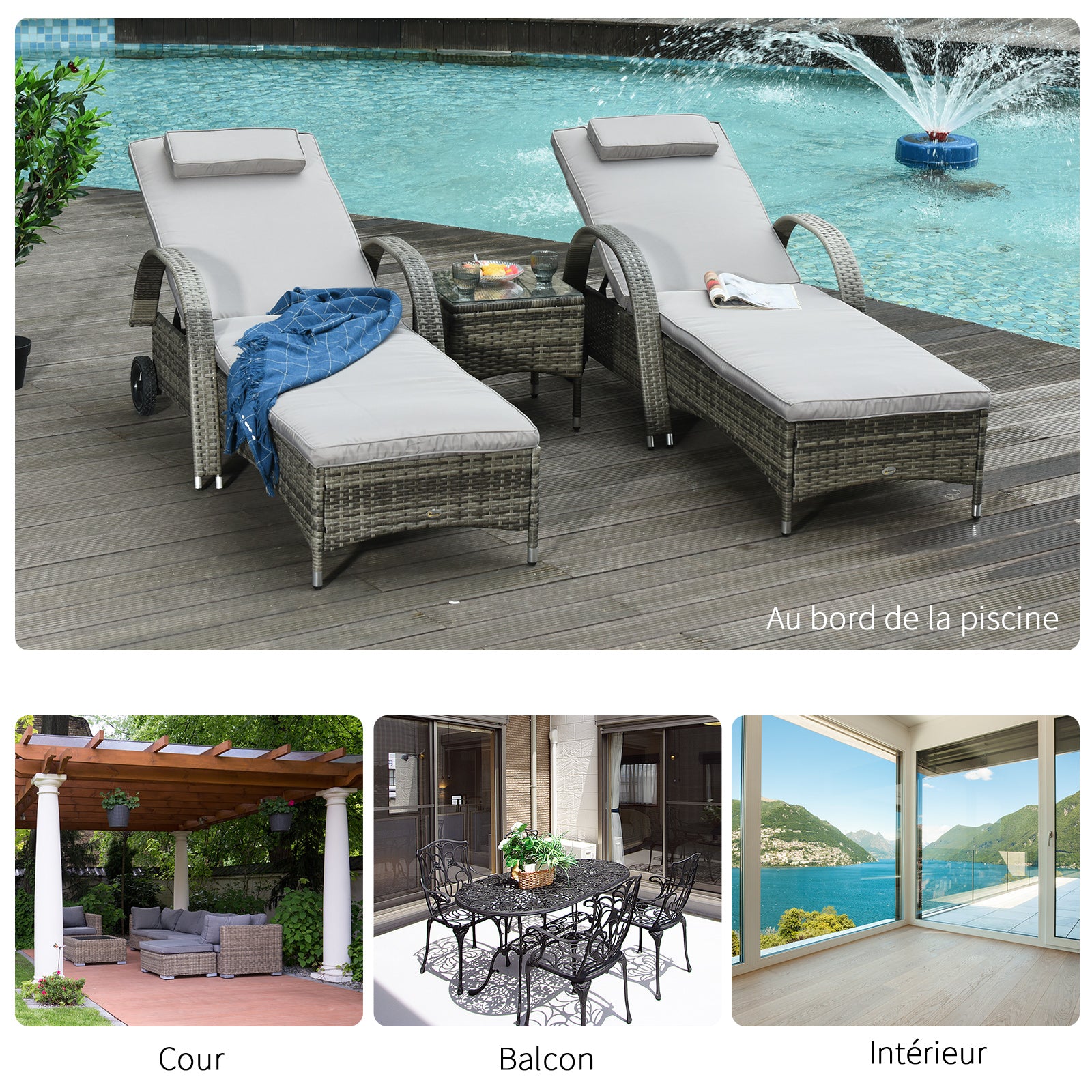 Set of 2 Very Comfortable Sun Loungers: mattress, headrest, adjustable multi-position reclining backrest, armrests, wheels + coffee table tempered glass gray synthetic rattan