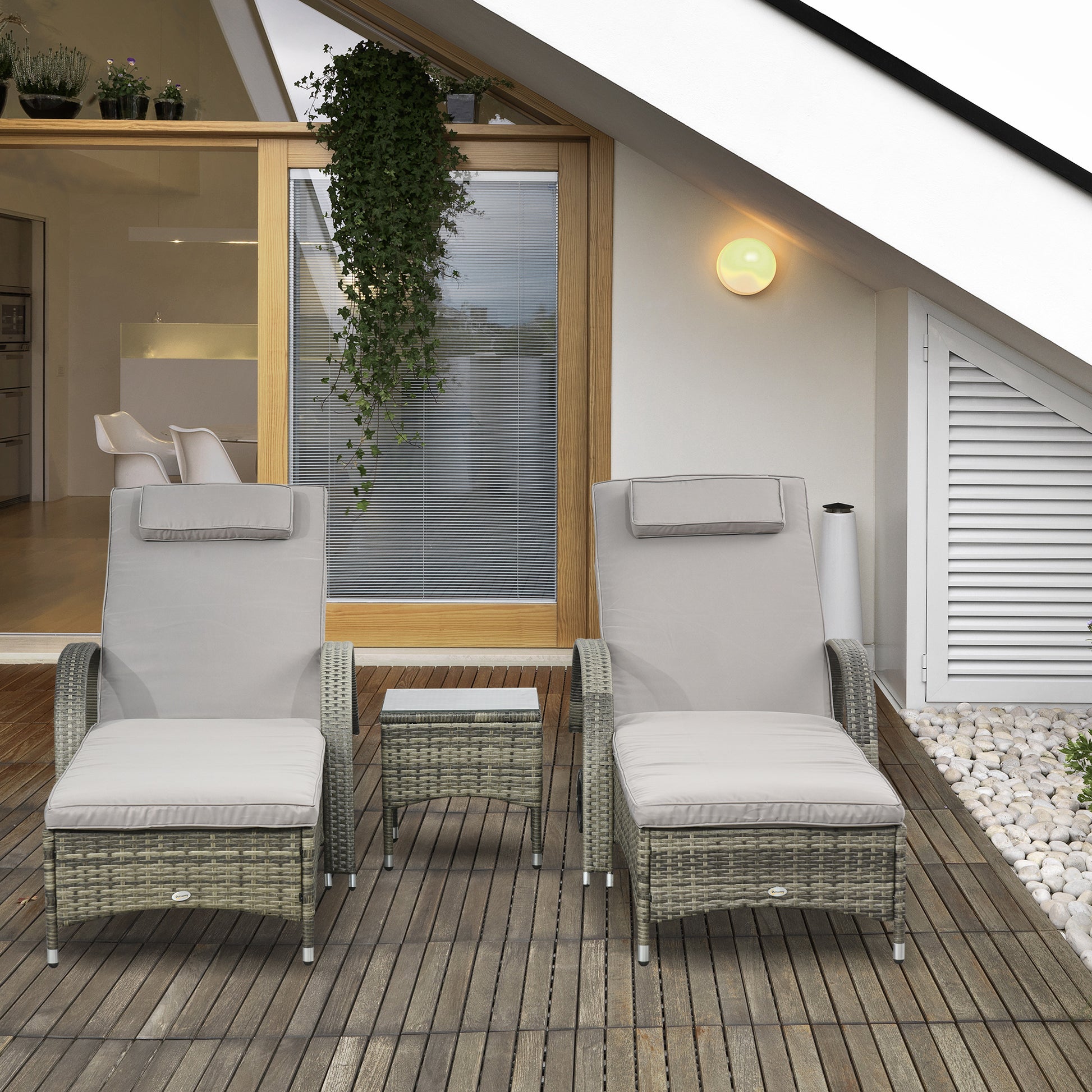Set of 2 Very Comfortable Sun Loungers: mattress, headrest, adjustable multi-position reclining backrest, armrests, wheels + coffee table tempered glass gray synthetic rattan