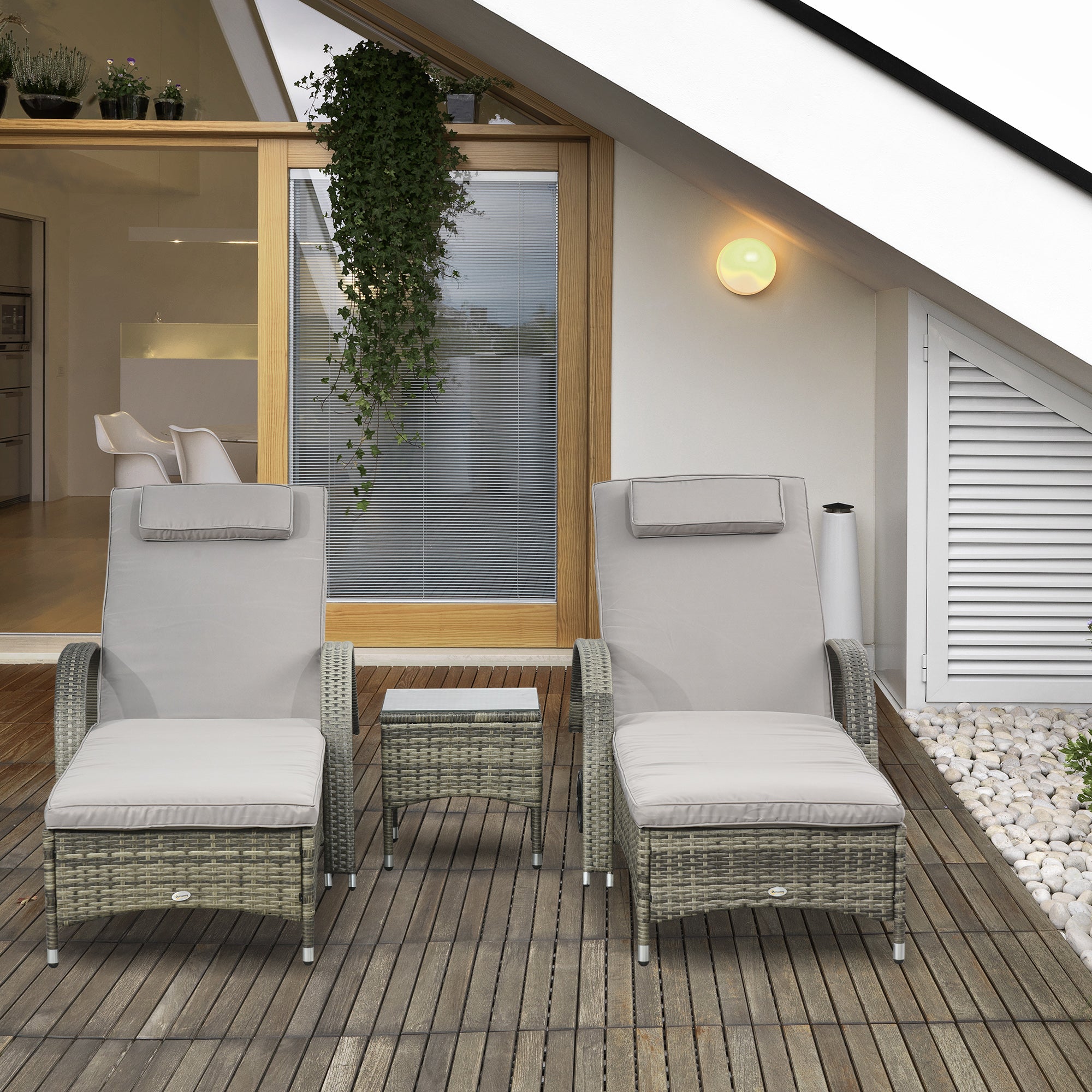 Set of 2 Very Comfortable Sun Loungers: mattress, headrest, adjustable multi-position reclining backrest, armrests, wheels + coffee table tempered glass gray synthetic rattan