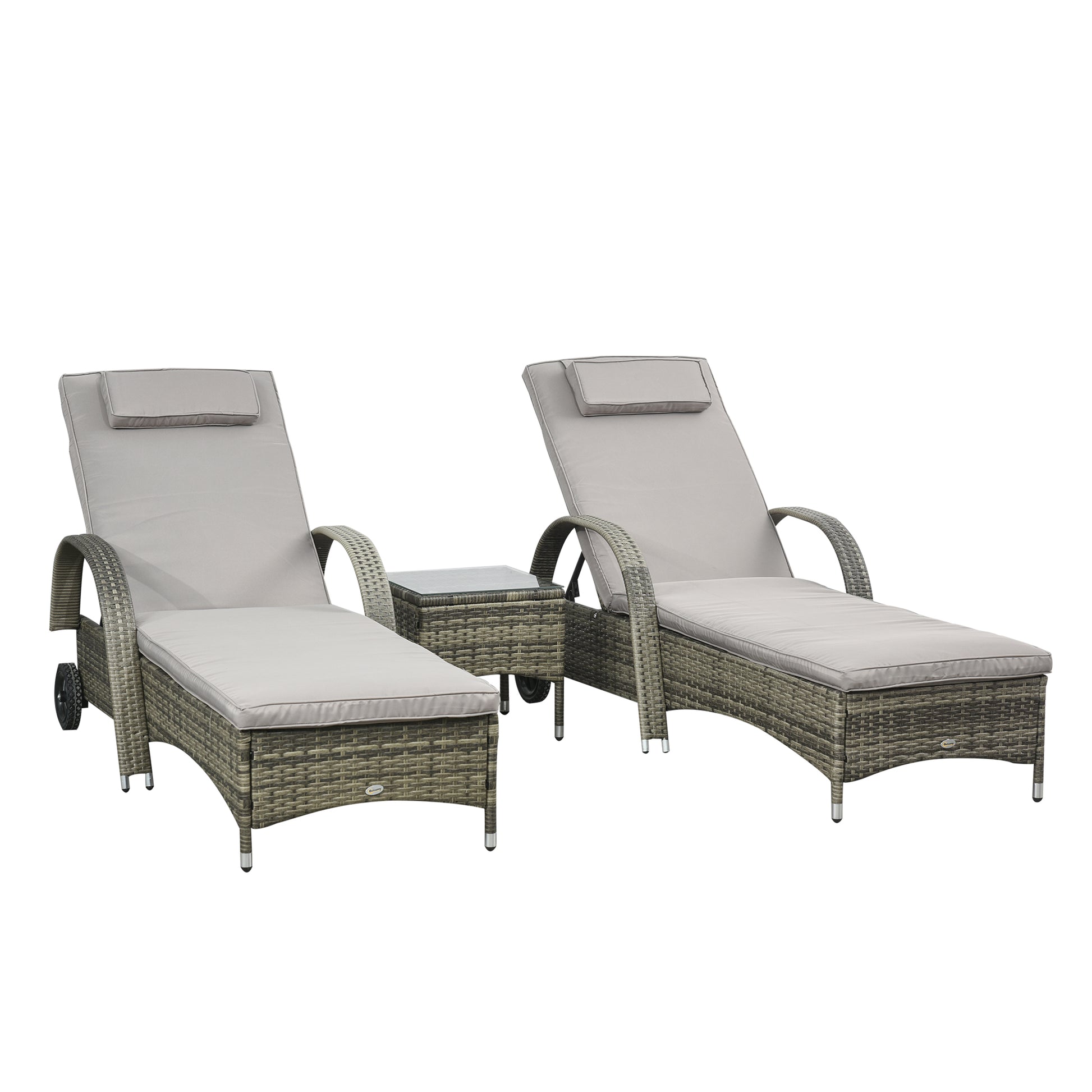 Set of 2 Very Comfortable Sun Loungers: mattress, headrest, adjustable multi-position reclining backrest, armrests, wheels + coffee table tempered glass gray synthetic rattan