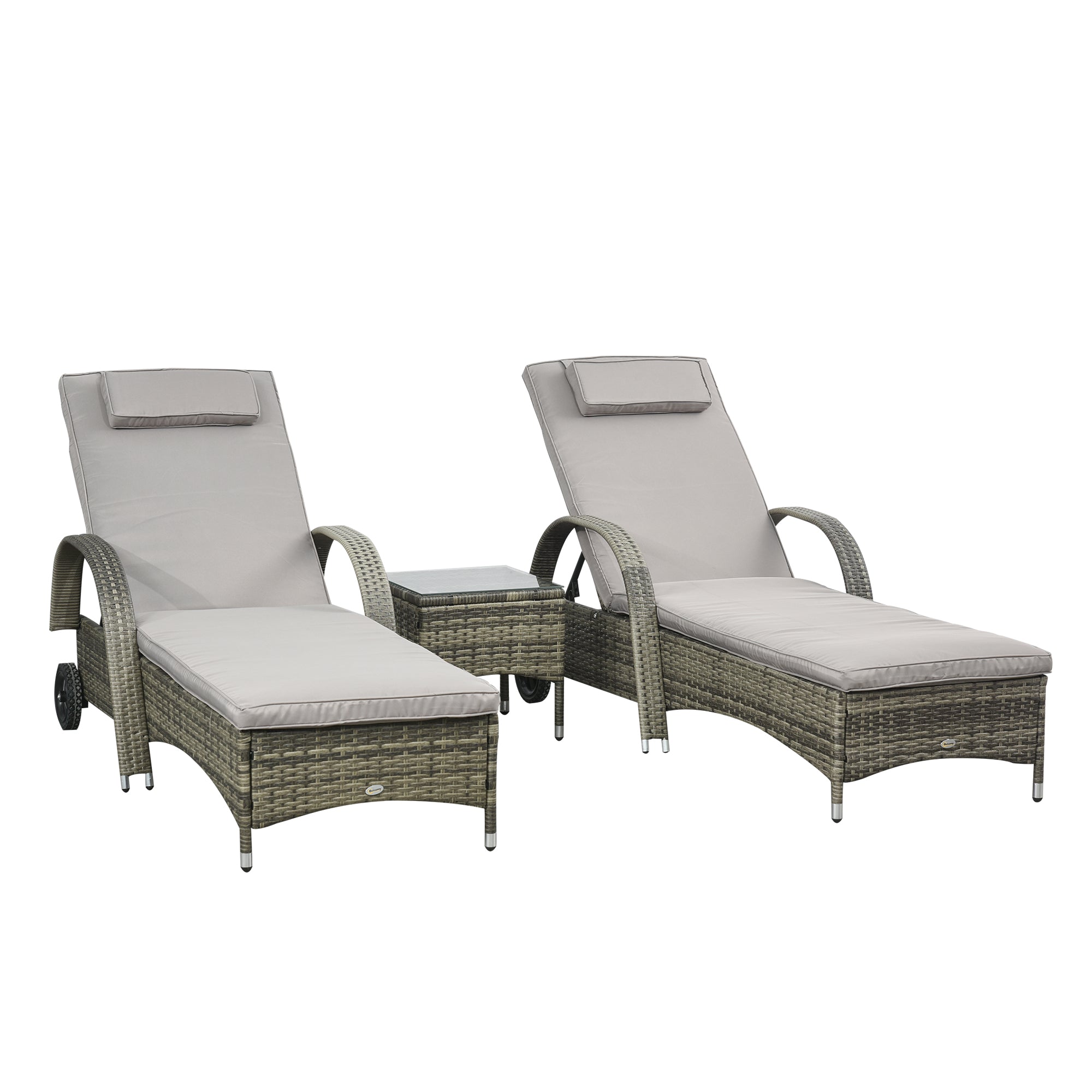 Set of 2 Very Comfortable Sun Loungers: mattress, headrest, adjustable multi-position reclining backrest, armrests, wheels + coffee table tempered glass gray synthetic rattan