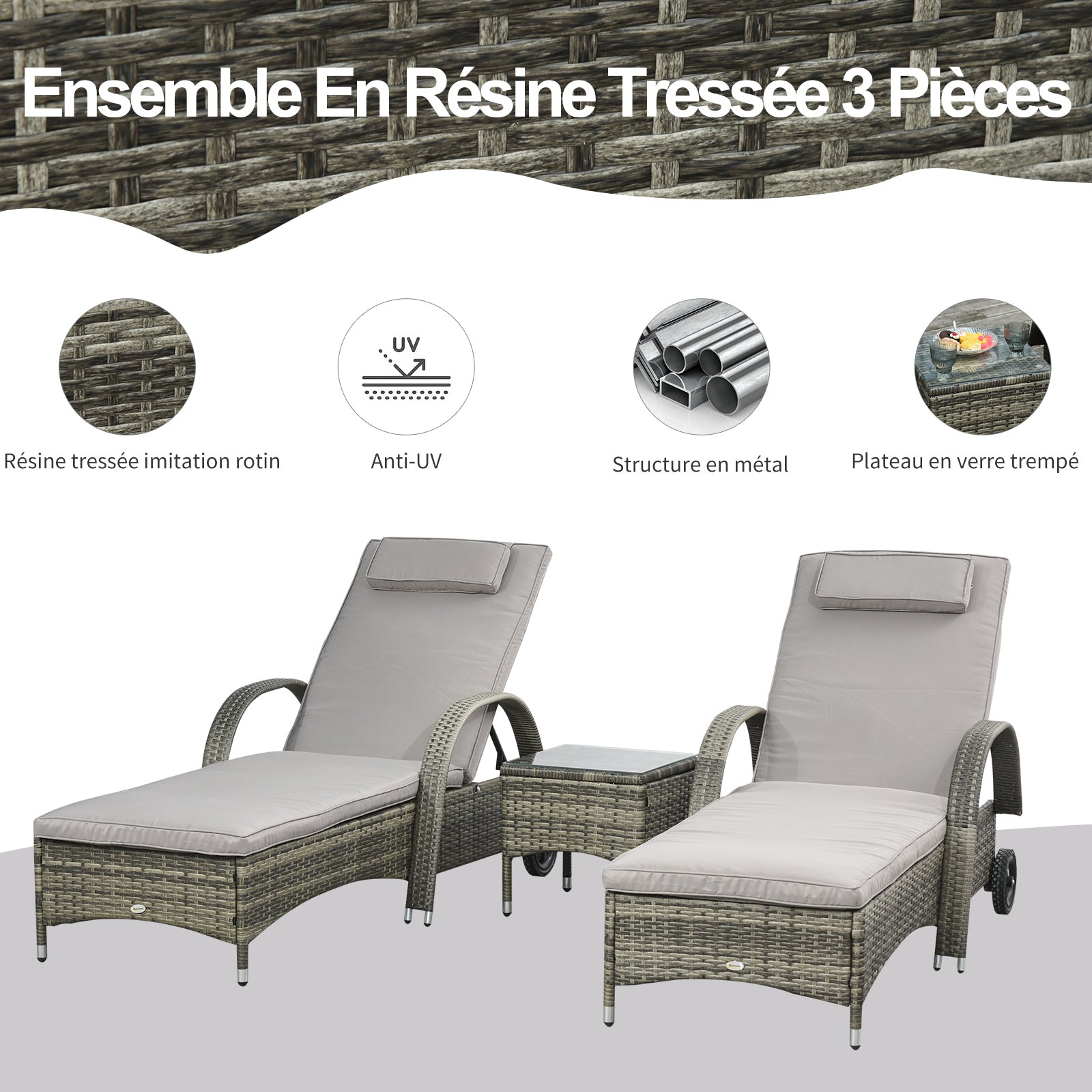 Set of 2 Very Comfortable Sun Loungers: mattress, headrest, adjustable multi-position reclining backrest, armrests, wheels + coffee table tempered glass gray synthetic rattan