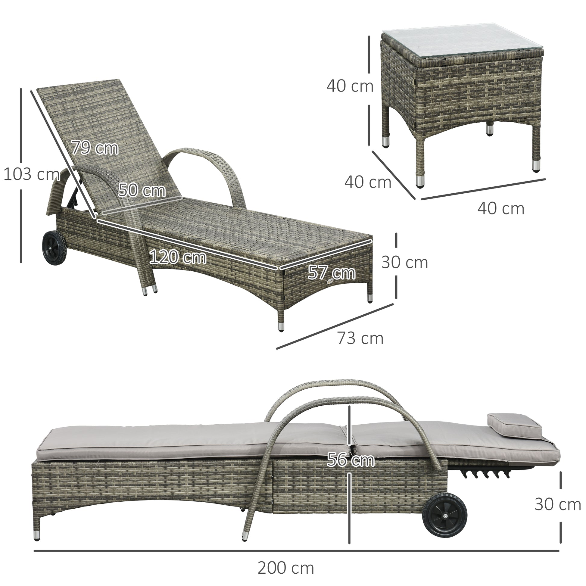 Set of 2 Very Comfortable Sun Loungers: mattress, headrest, adjustable multi-position reclining backrest, armrests, wheels + coffee table tempered glass gray synthetic rattan