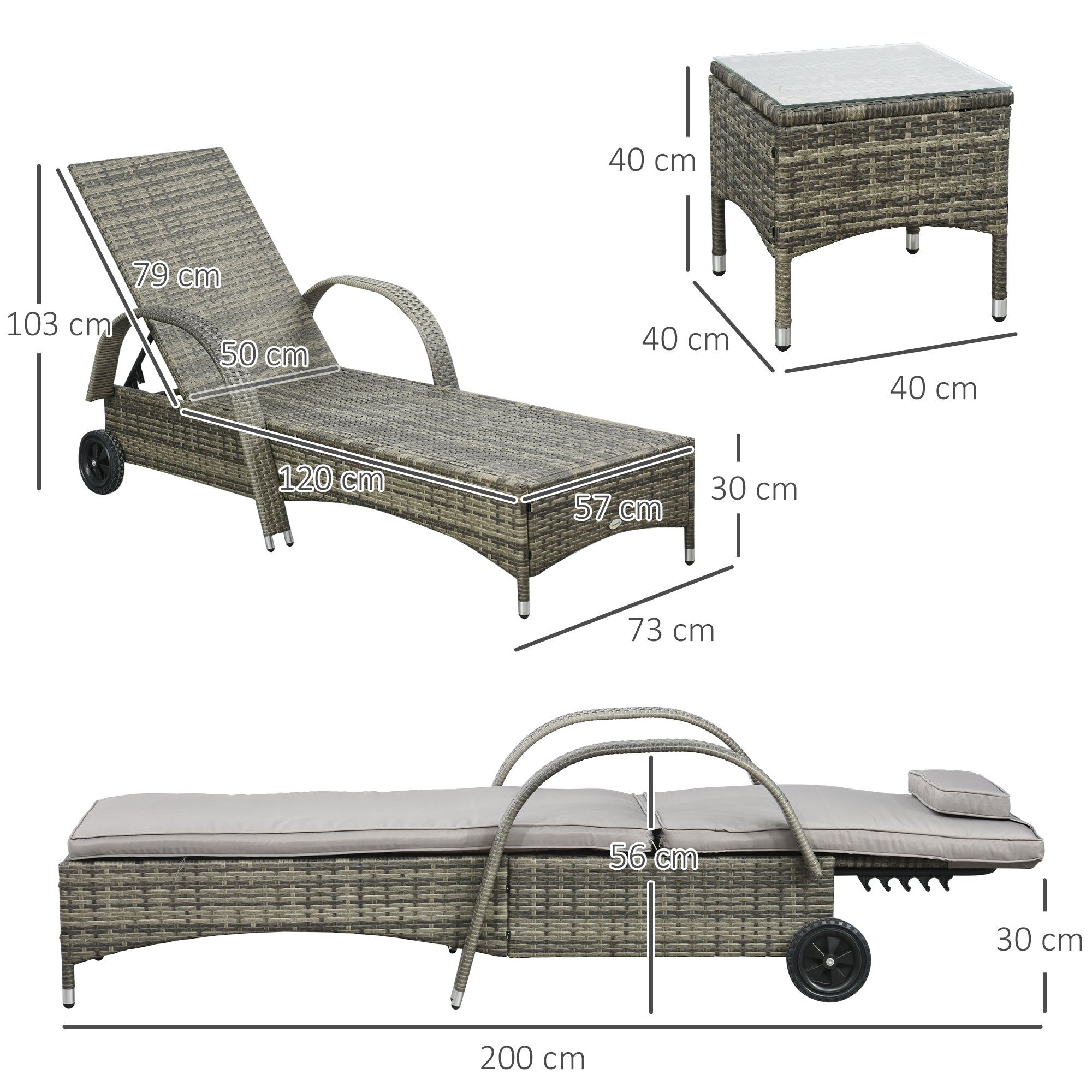 Set of 2 Very Comfortable Sun Loungers: mattress, headrest, adjustable multi-position reclining backrest, armrests, wheels + coffee table tempered glass gray synthetic rattan