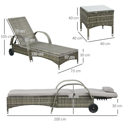 Set of 2 Very Comfortable Sun Loungers: mattress, headrest, adjustable multi-position reclining backrest, armrests, wheels + coffee table tempered glass gray synthetic rattan