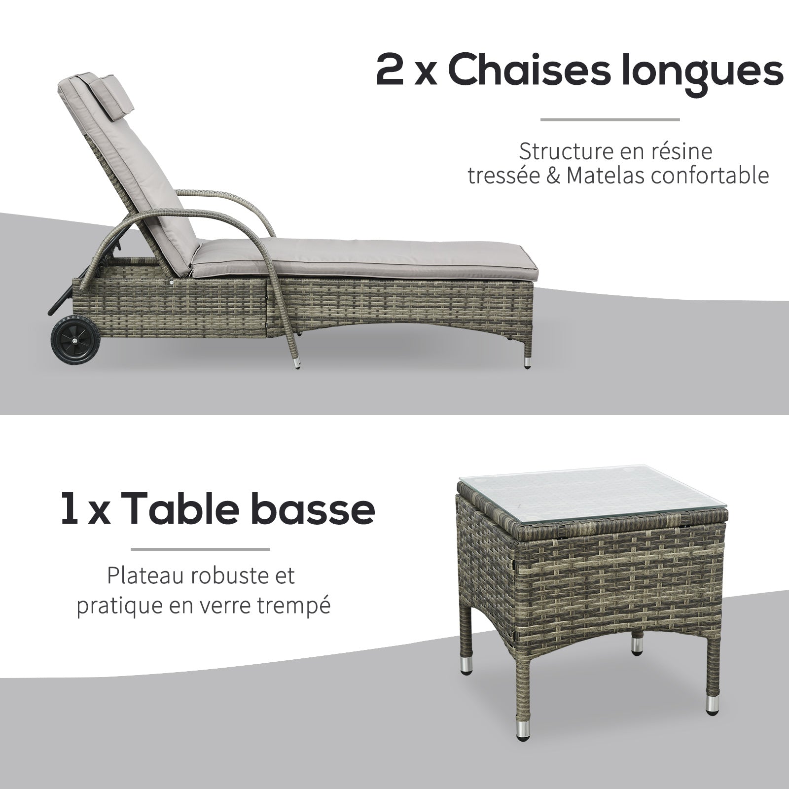 Set of 2 Very Comfortable Sun Loungers: mattress, headrest, adjustable multi-position reclining backrest, armrests, wheels + coffee table tempered glass gray synthetic rattan
