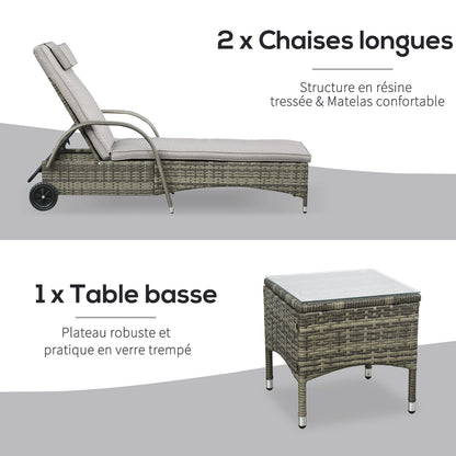 Set of 2 Very Comfortable Sun Loungers: mattress, headrest, adjustable multi-position reclining backrest, armrests, wheels + coffee table tempered glass gray synthetic rattan