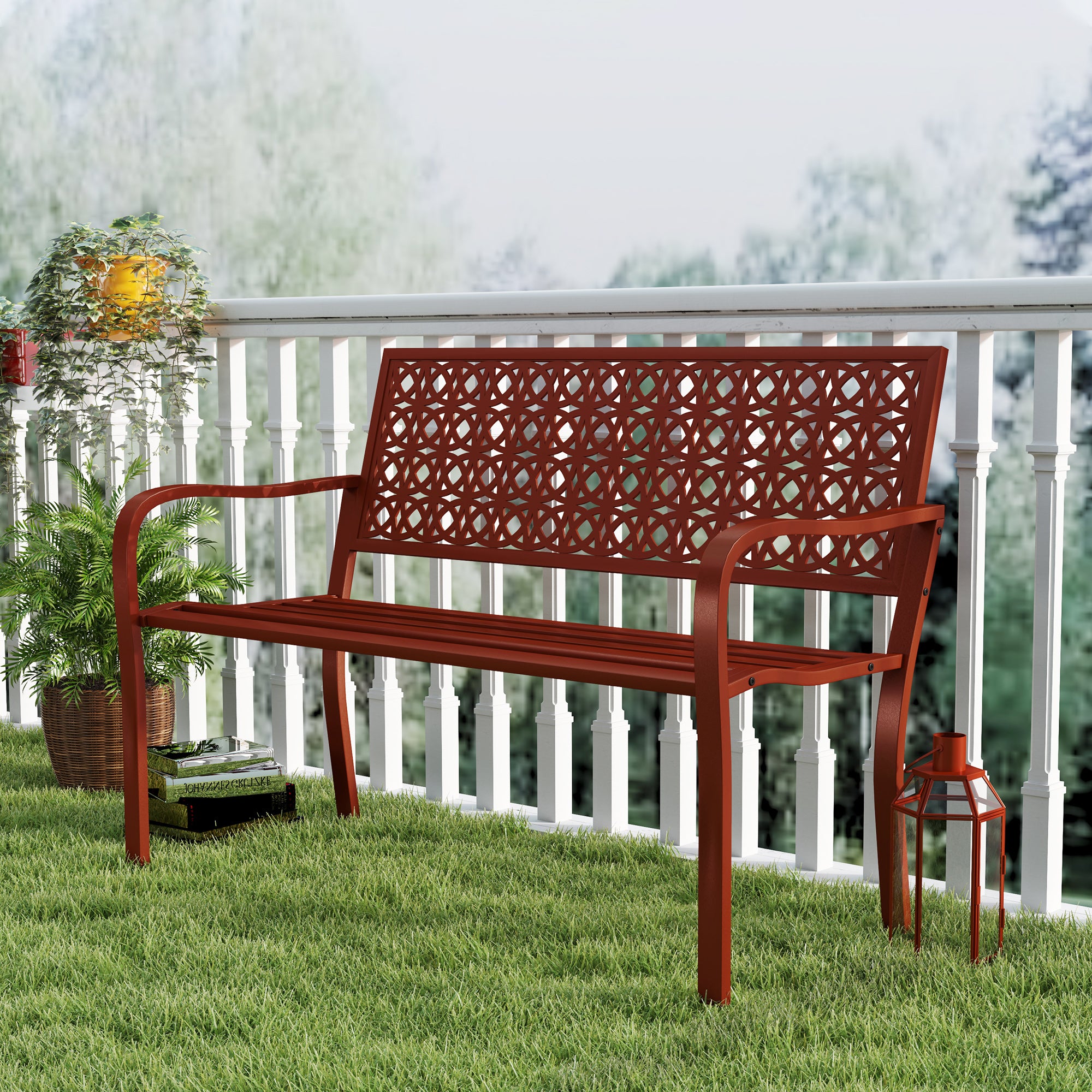 2-Seater Garden Bench, Weatherproof Bench, Garden Furniture with Back & Armrests, Park Bench 240kg Capacity, Balcony Bench for balcony Terrace, Garden, 127 x 63 x 85cm, Red