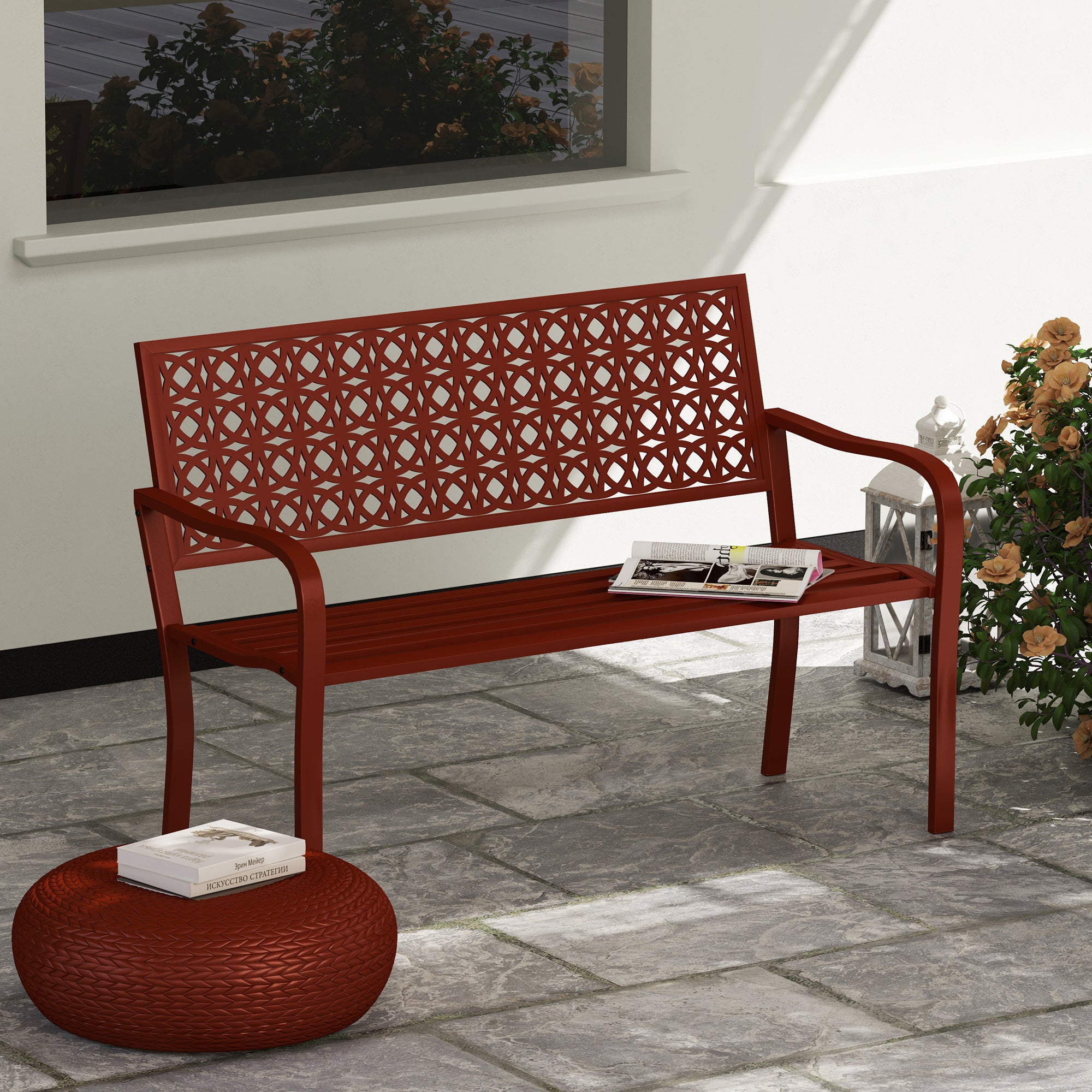2-Seater Garden Bench, Weatherproof Bench, Garden Furniture with Back & Armrests, Park Bench 240kg Capacity, Balcony Bench for balcony Terrace, Garden, 127 x 63 x 85cm, Red