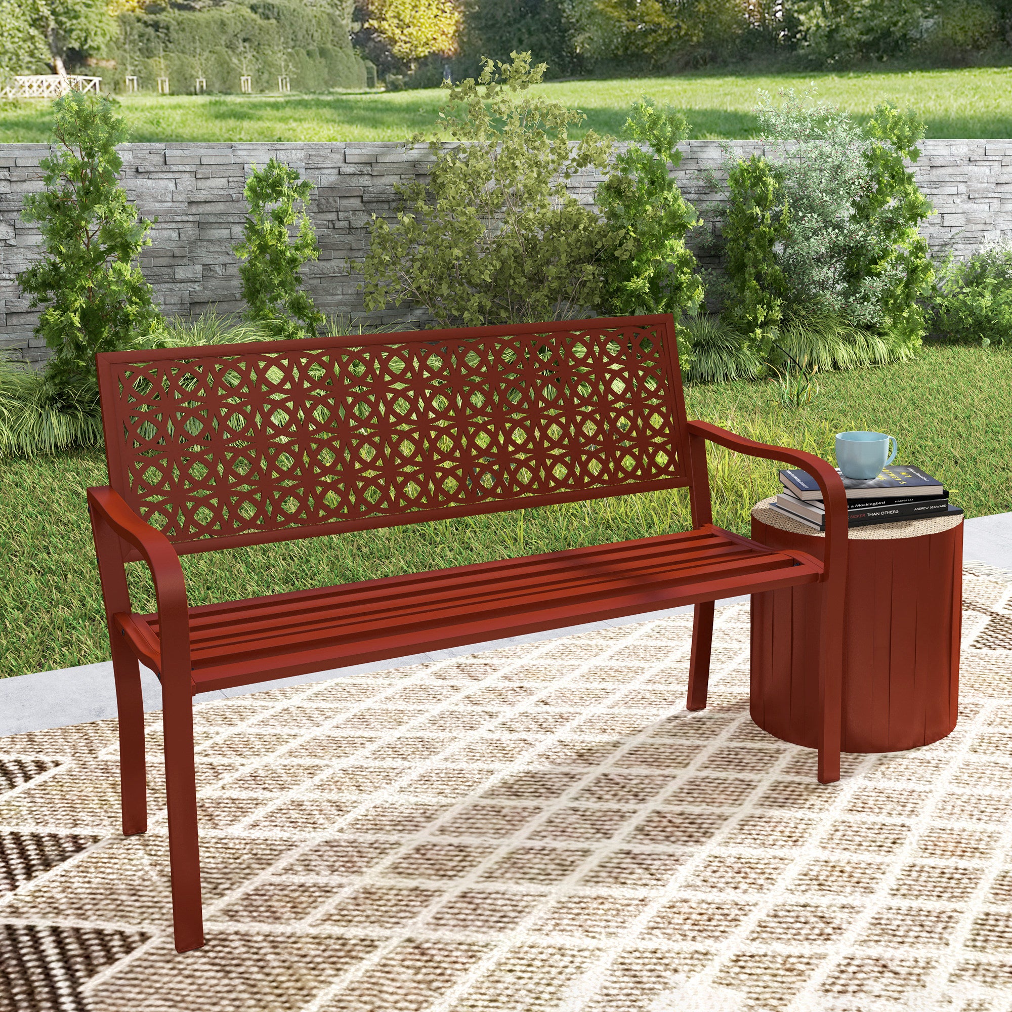 2-Seater Garden Bench, Weatherproof Bench, Garden Furniture with Back & Armrests, Park Bench 240kg Capacity, Balcony Bench for balcony Terrace, Garden, 127 x 63 x 85cm, Red