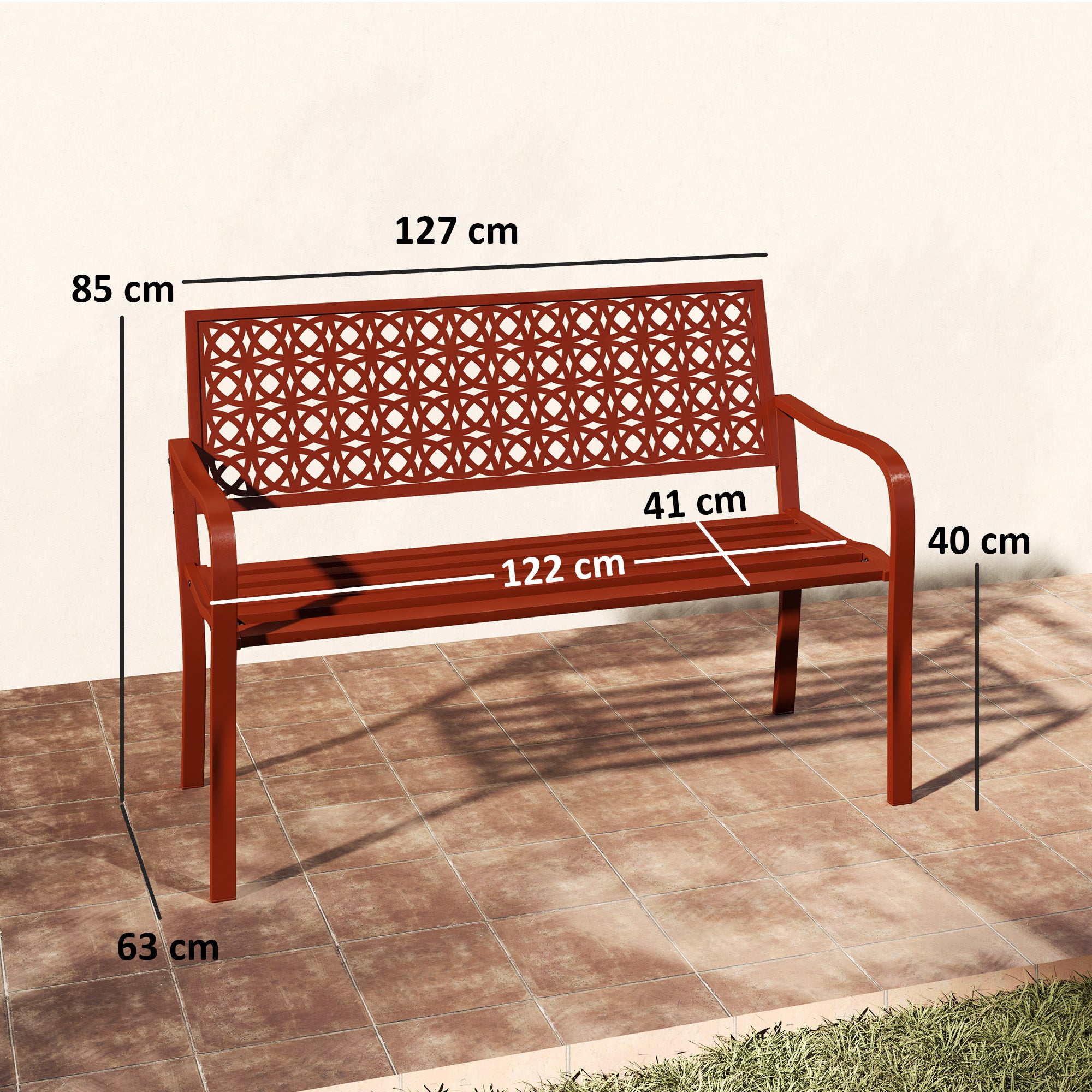 2-Seater Garden Bench, Weatherproof Bench, Garden Furniture with Back & Armrests, Park Bench 240kg Capacity, Balcony Bench for balcony Terrace, Garden, 127 x 63 x 85cm, Red