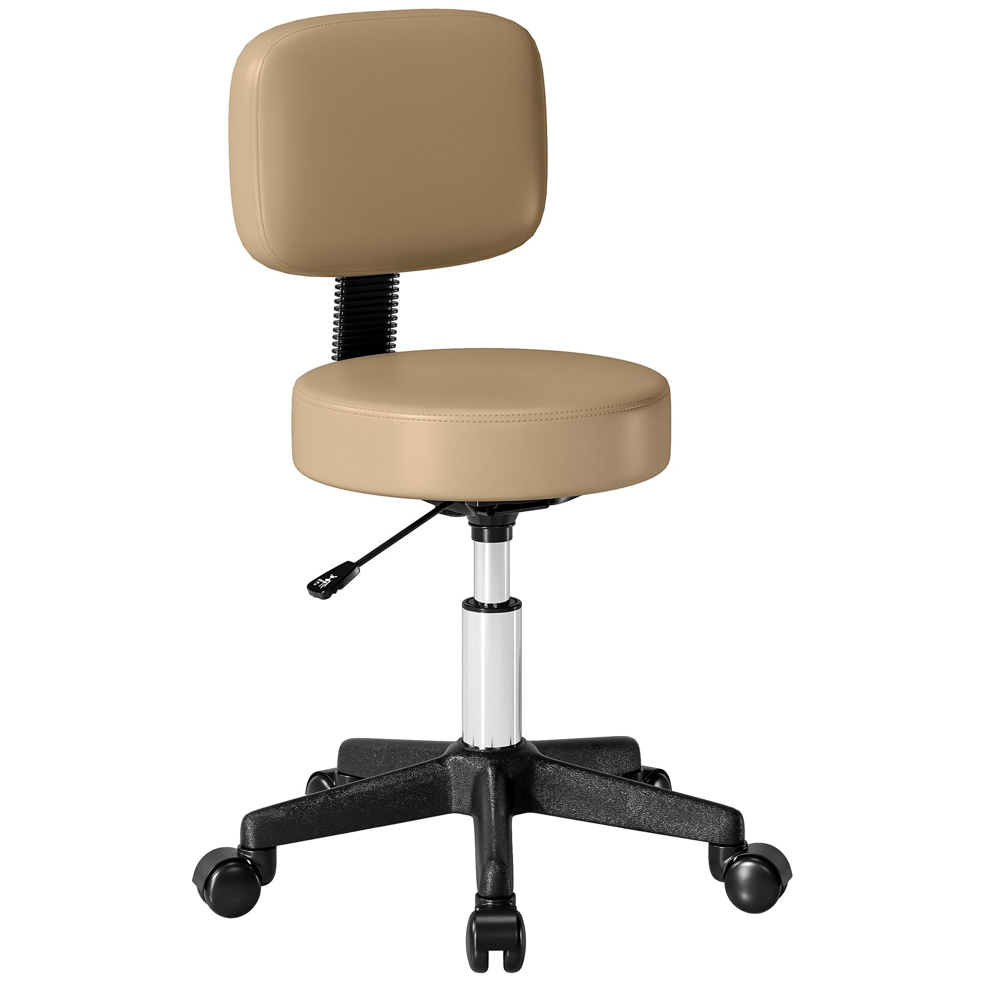 Rolling Stool with Backrest, Height Adjustable (72–84 cm / 28.3–33.1 in), 360° Swivel Office/Salon/Massage Stool – Light Brown