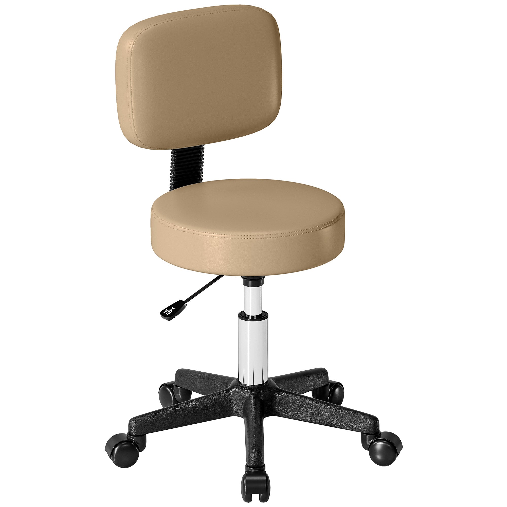 Rolling Stool with Backrest, Height Adjustable (72–84 cm / 28.3–33.1 in), 360° Swivel Office/Salon/Massage Stool – Light Brown