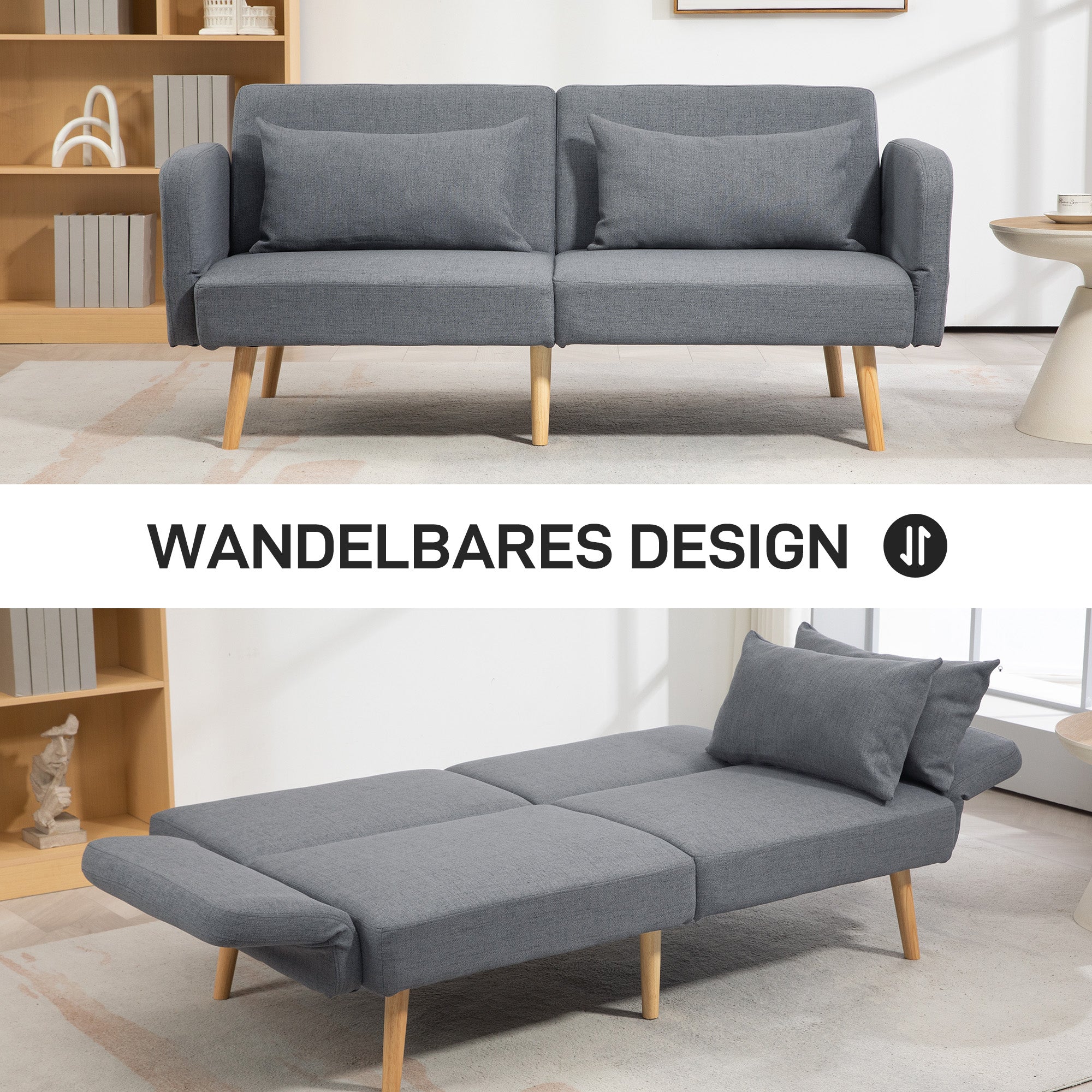 Sofa Bed, 2-Seater Fold-Out Bed with Bed Function, 2 Throw Pillows, 3-Seater Upholstered Sofa with Adjustable Backrest, Linen Look, for Living Room, Bedroom, 170 x 83 x 80 cm, Gray