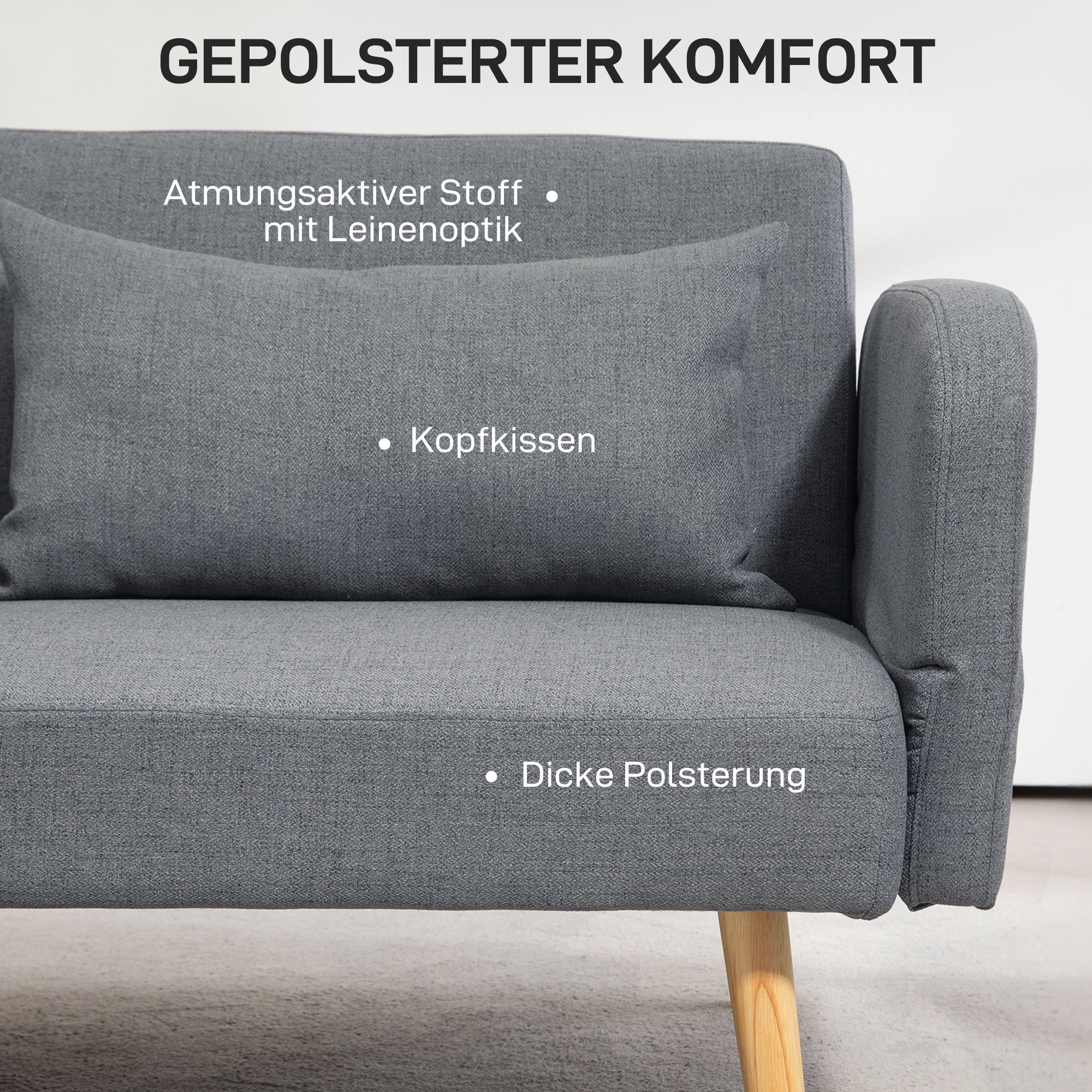 Sofa Bed, 2-Seater Fold-Out Bed with Bed Function, 2 Throw Pillows, 3-Seater Upholstered Sofa with Adjustable Backrest, Linen Look, for Living Room, Bedroom, 170 x 83 x 80 cm, Gray