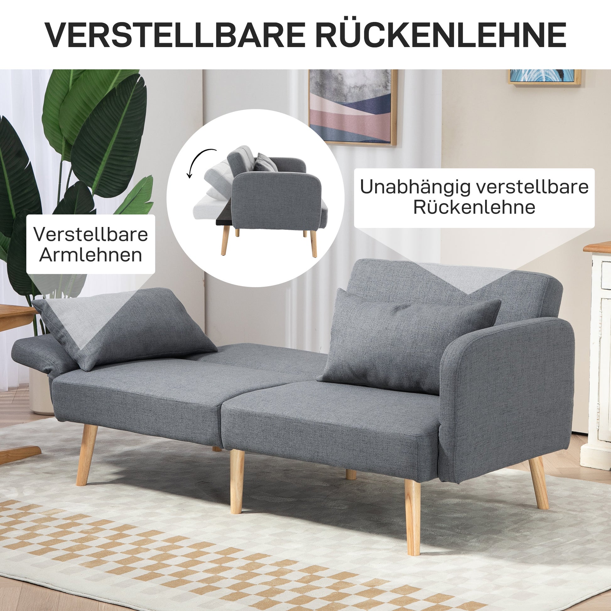 Sofa Bed, 2-Seater Fold-Out Bed with Bed Function, 2 Throw Pillows, 3-Seater Upholstered Sofa with Adjustable Backrest, Linen Look, for Living Room, Bedroom, 170 x 83 x 80 cm, Gray