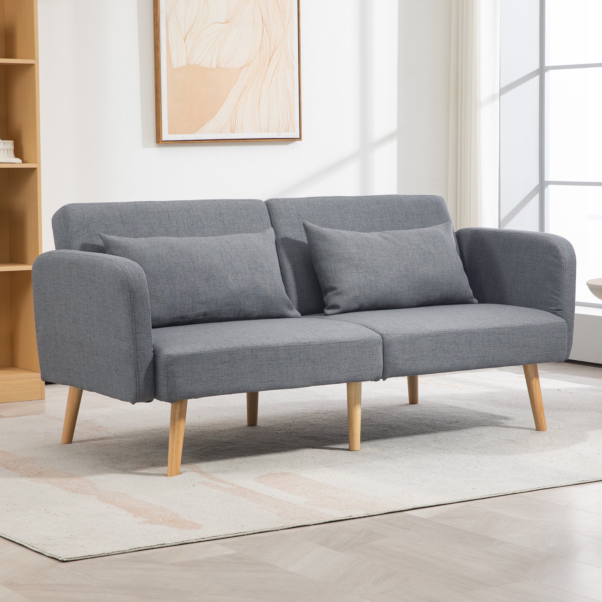 Sofa Bed, 2-Seater Fold-Out Bed with Bed Function, 2 Throw Pillows, 3-Seater Upholstered Sofa with Adjustable Backrest, Linen Look, for Living Room, Bedroom, 170 x 83 x 80 cm, Gray