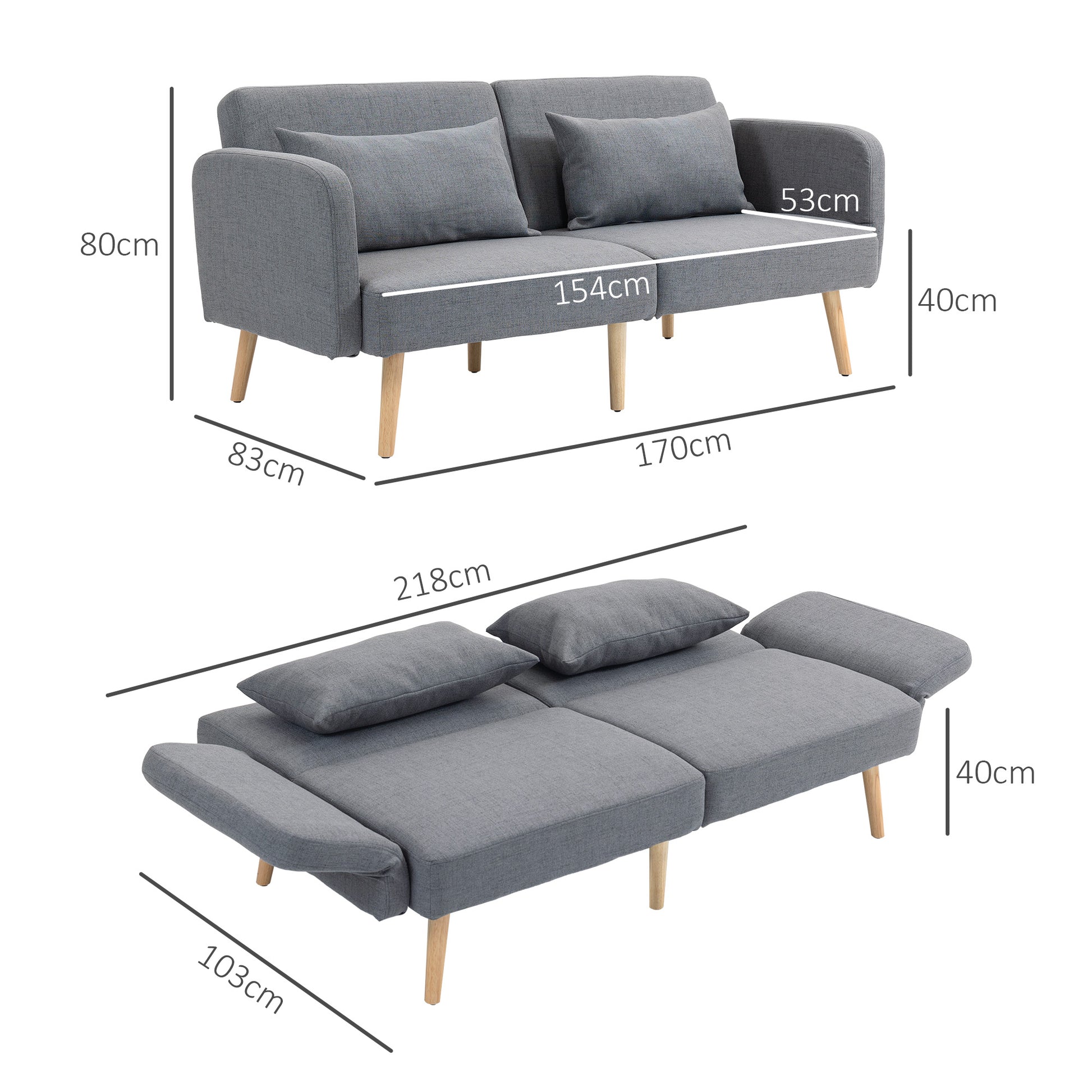 Sofa Bed, 2-Seater Fold-Out Bed with Bed Function, 2 Throw Pillows, 3-Seater Upholstered Sofa with Adjustable Backrest, Linen Look, for Living Room, Bedroom, 170 x 83 x 80 cm, Gray