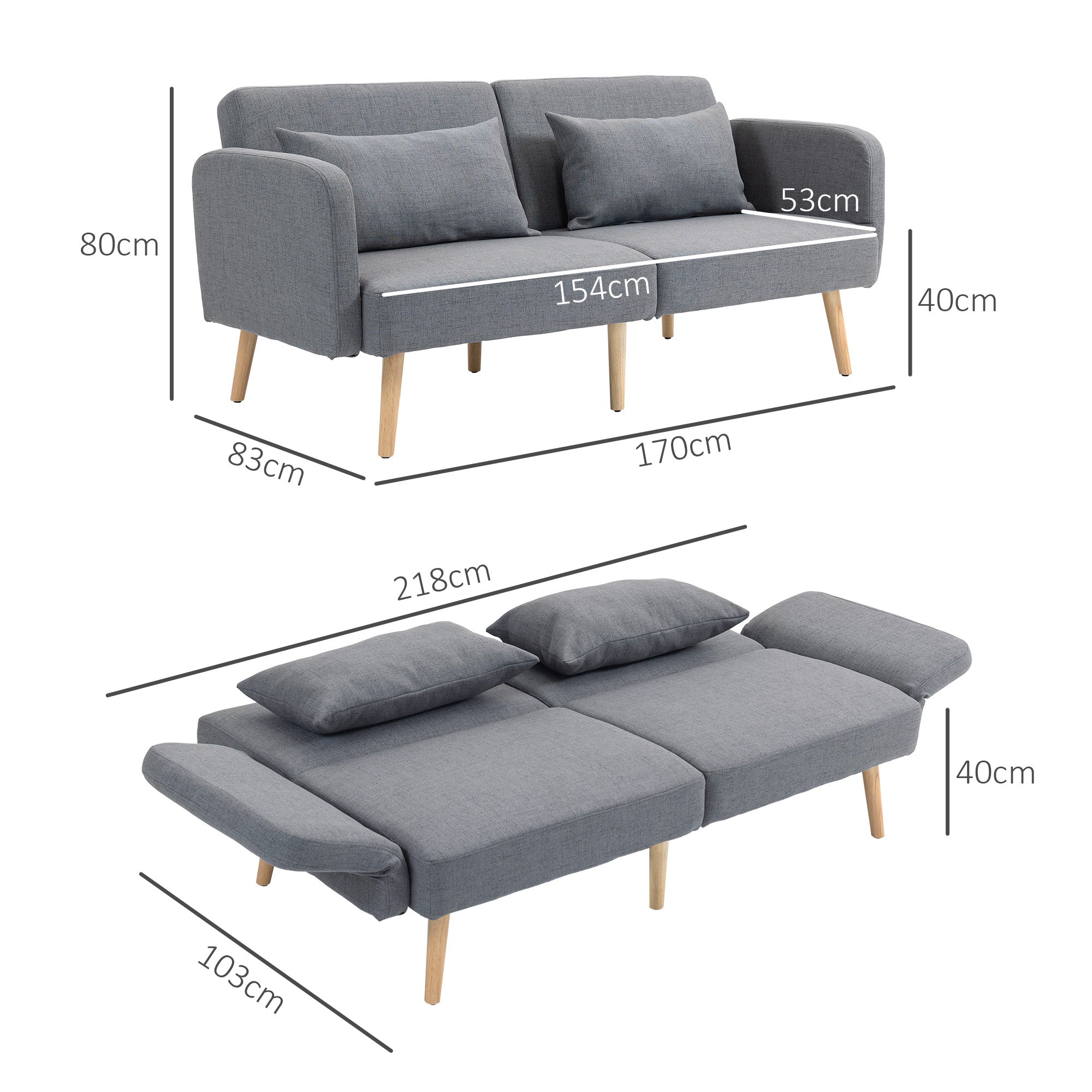 Sofa Bed, 2-Seater Fold-Out Bed with Bed Function, 2 Throw Pillows, 3-Seater Upholstered Sofa with Adjustable Backrest, Linen Look, for Living Room, Bedroom, 170 x 83 x 80 cm, Gray